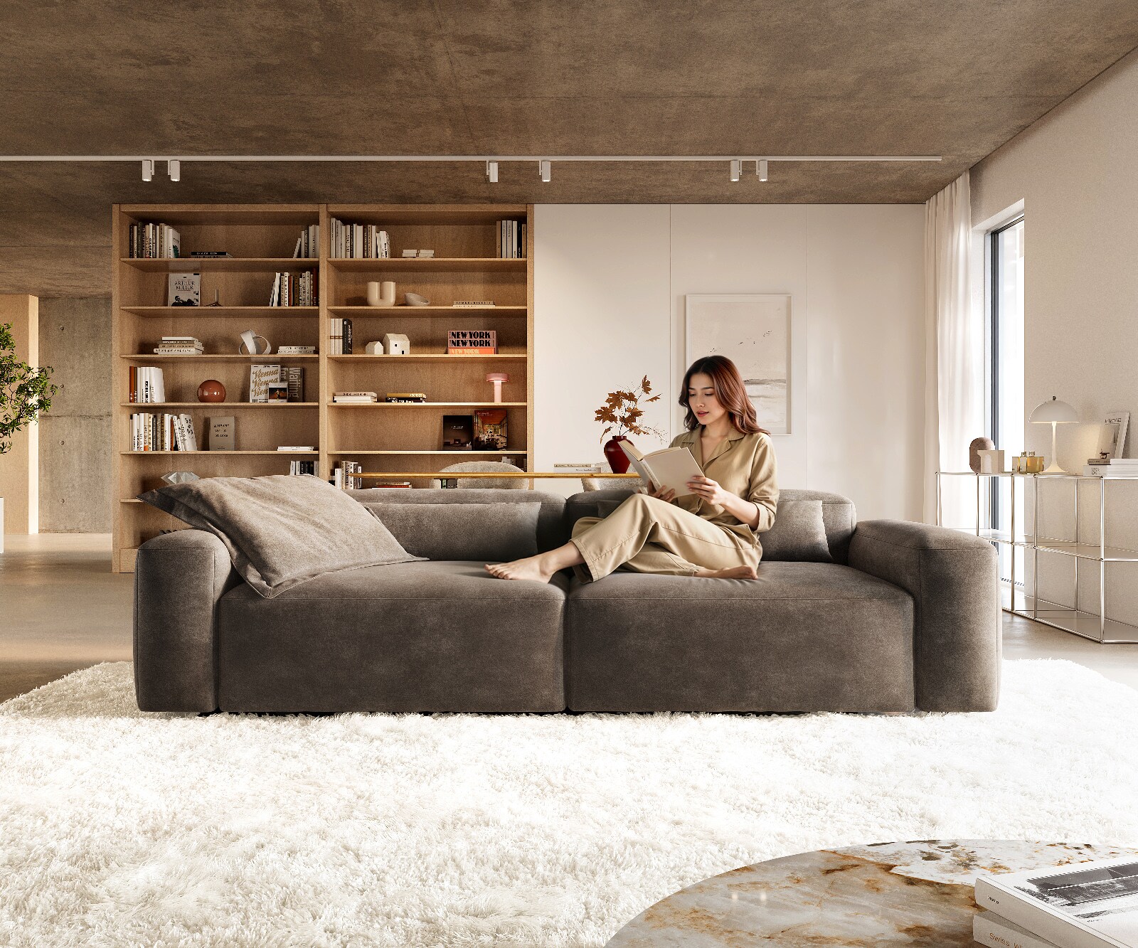 Bigsofa Freestyle 280x110 cm Microvezelmateriaal Taupe Vintage kapnaad