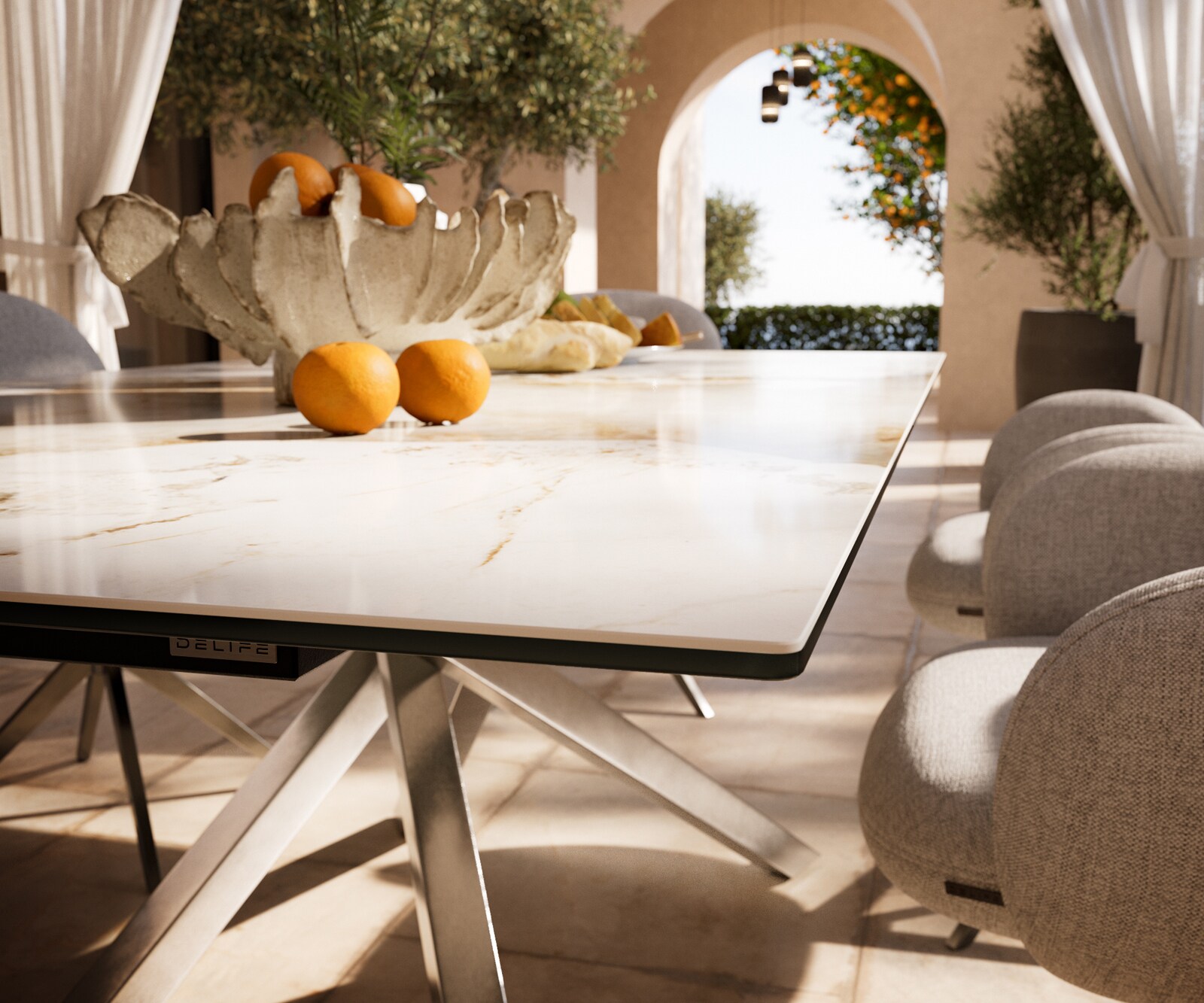 Outdoortafel Edge 200x100 cm keramiek Minas Melange wit-beige kruispoot rechthoekig roestvrij staal 4