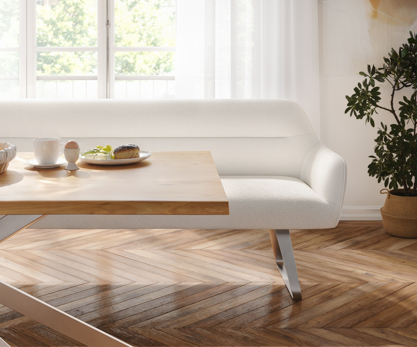 Eetkamerbank Taya-Flex 200 cm bouclé crème-wit platte sledebasis roestvrij staal pocketvering 4