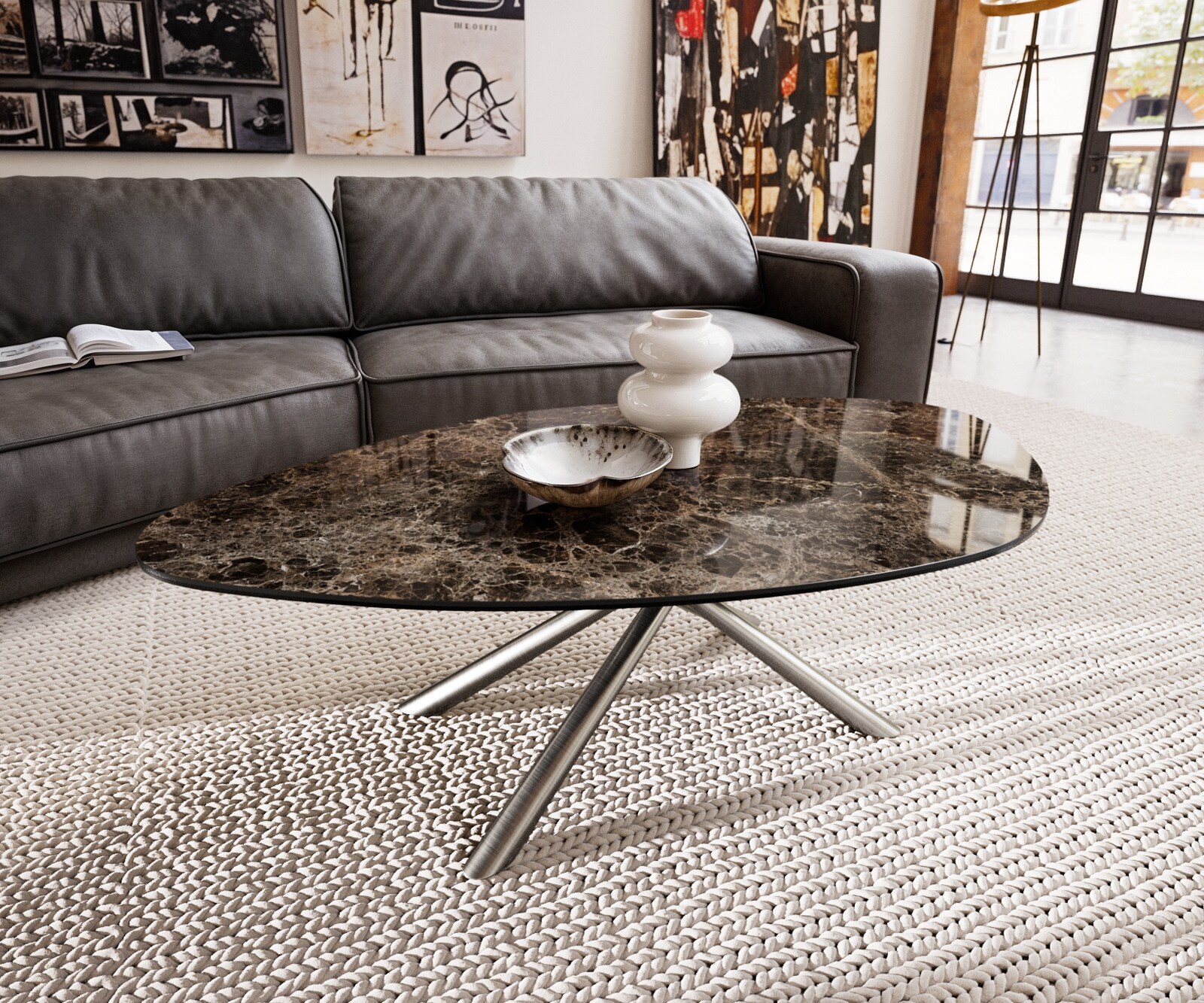 Salontafel Edge Organisch 140x76 cm keramiek Laminam® Emperador Extra Lucidato donkerbruin Sarity geborsteld roestvrij staal