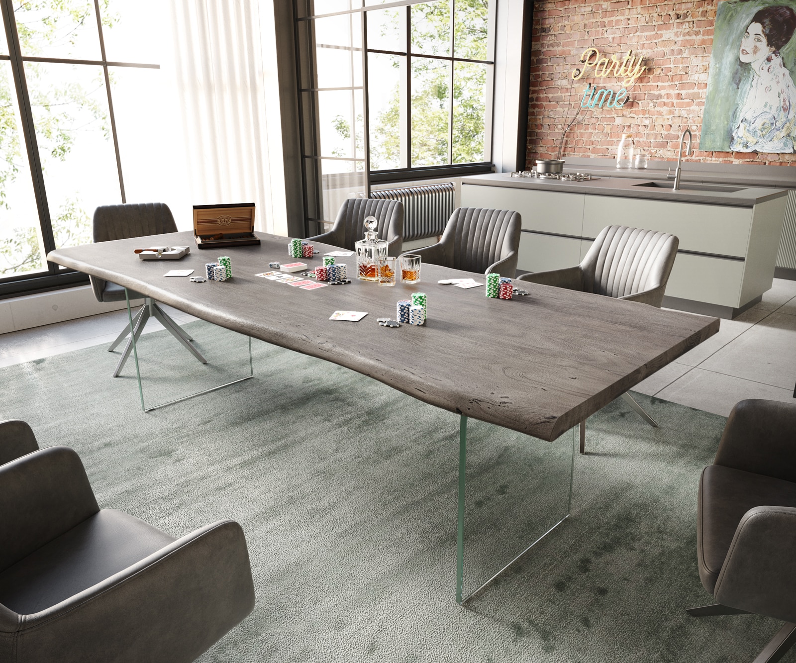 Eettafel Edge 260x100 acacia platina  glas Live-Edge