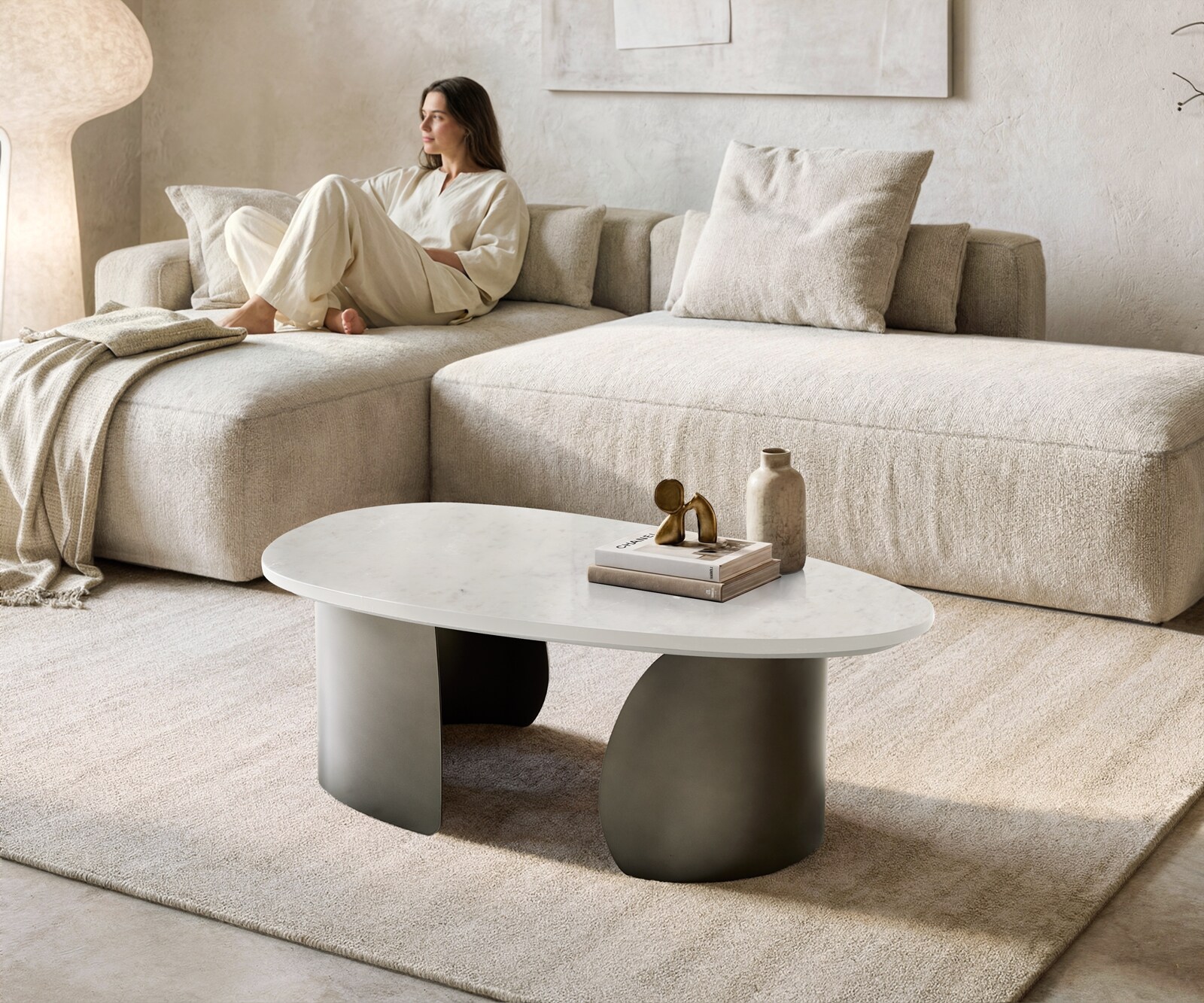 Salontafel Marvello 100x50 cm marmer wit metaal zwart antiek 1