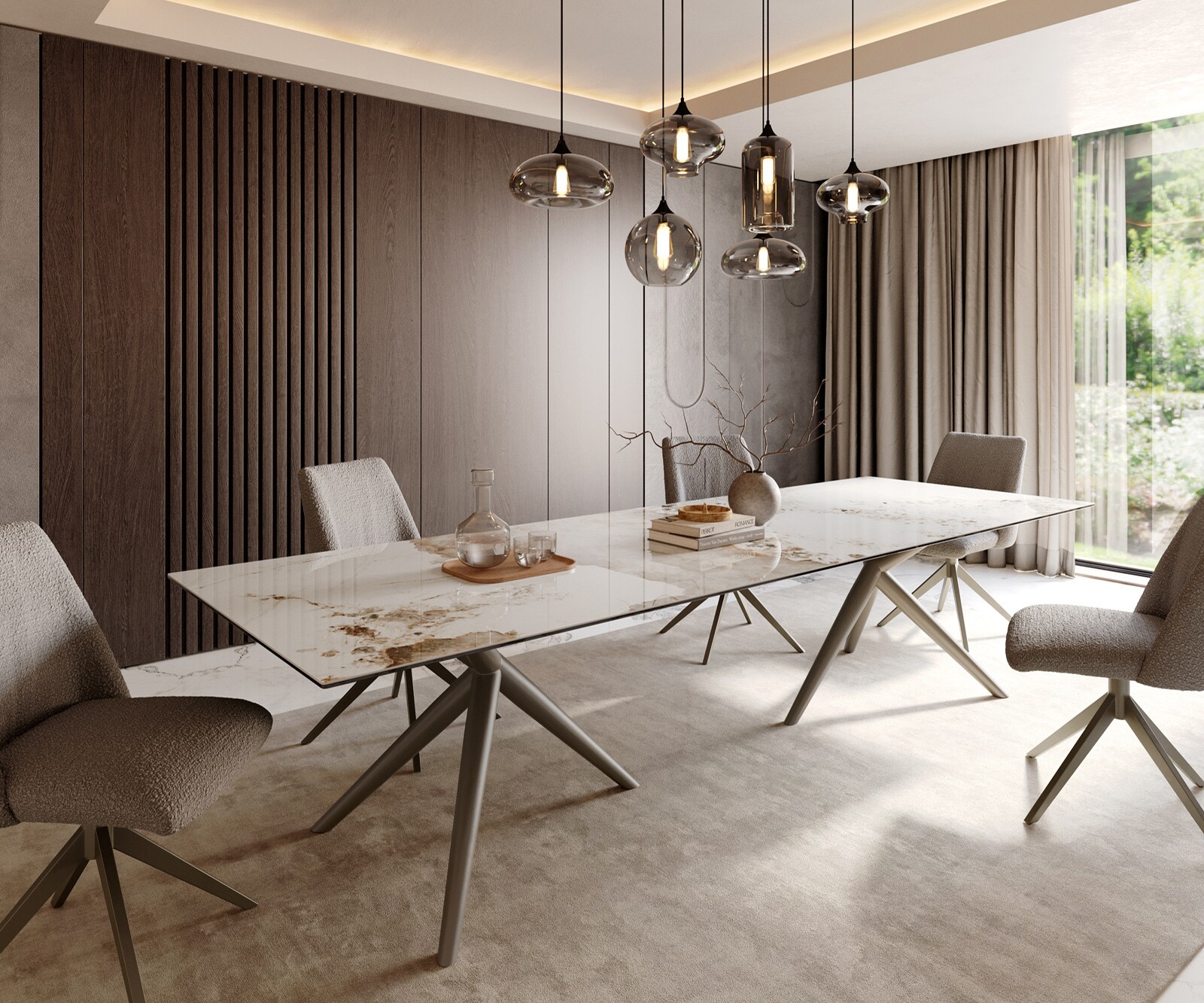 Eetkamertafel Edge 300x100 keramiek Minas Melange wit-Beige Estelar rond  metaal effectafwerking titaan 1