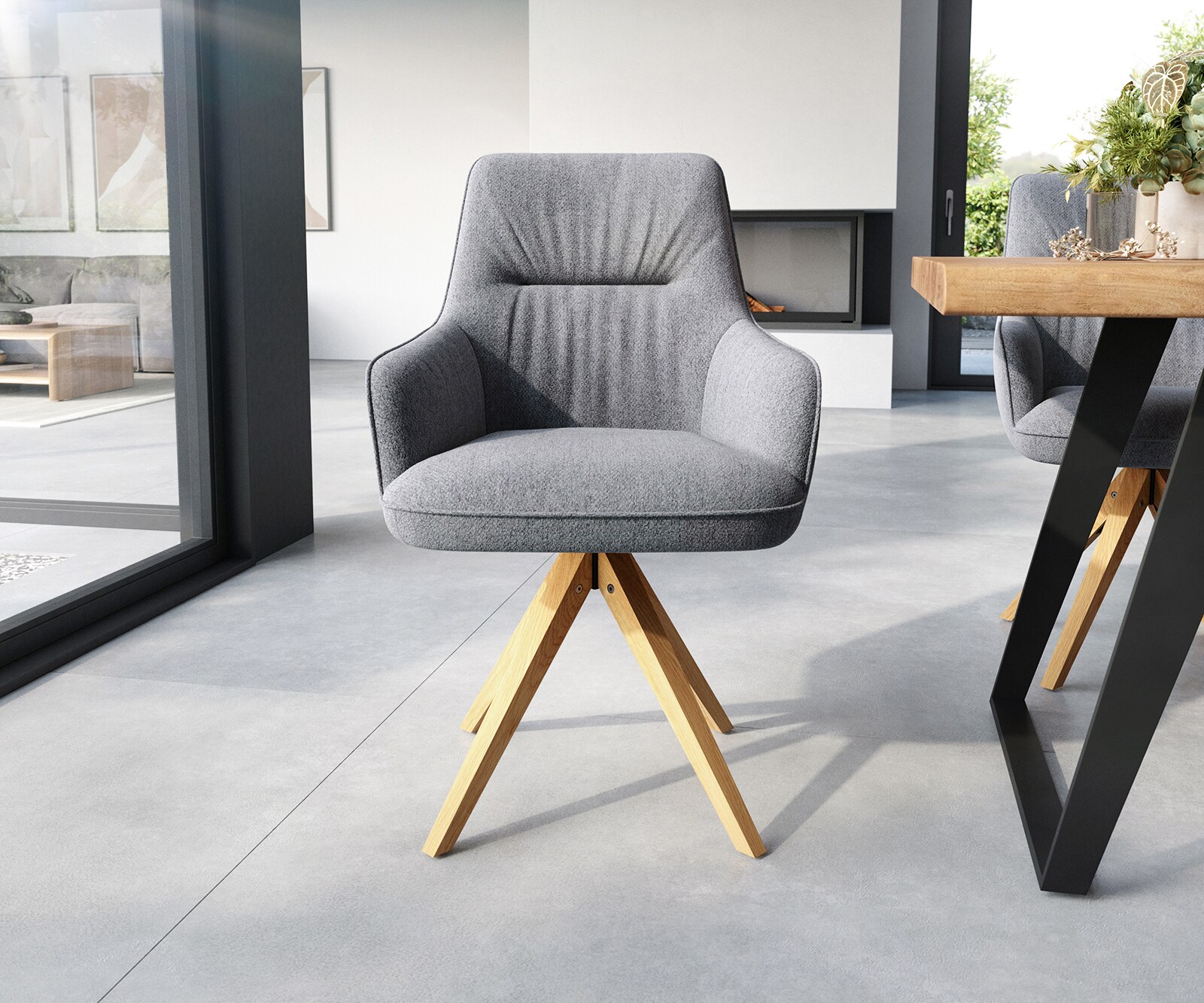 Eetkamerstoel Zelia-Flex met armleuning structuurstof lichtgrijs houten frame hoekig natuur pocketveer kern 1 Eetkamerstoel Zelia-Flex met armleuning structuurstof lichtgrijs houten frame hoekig natuur pocketveer kern 1