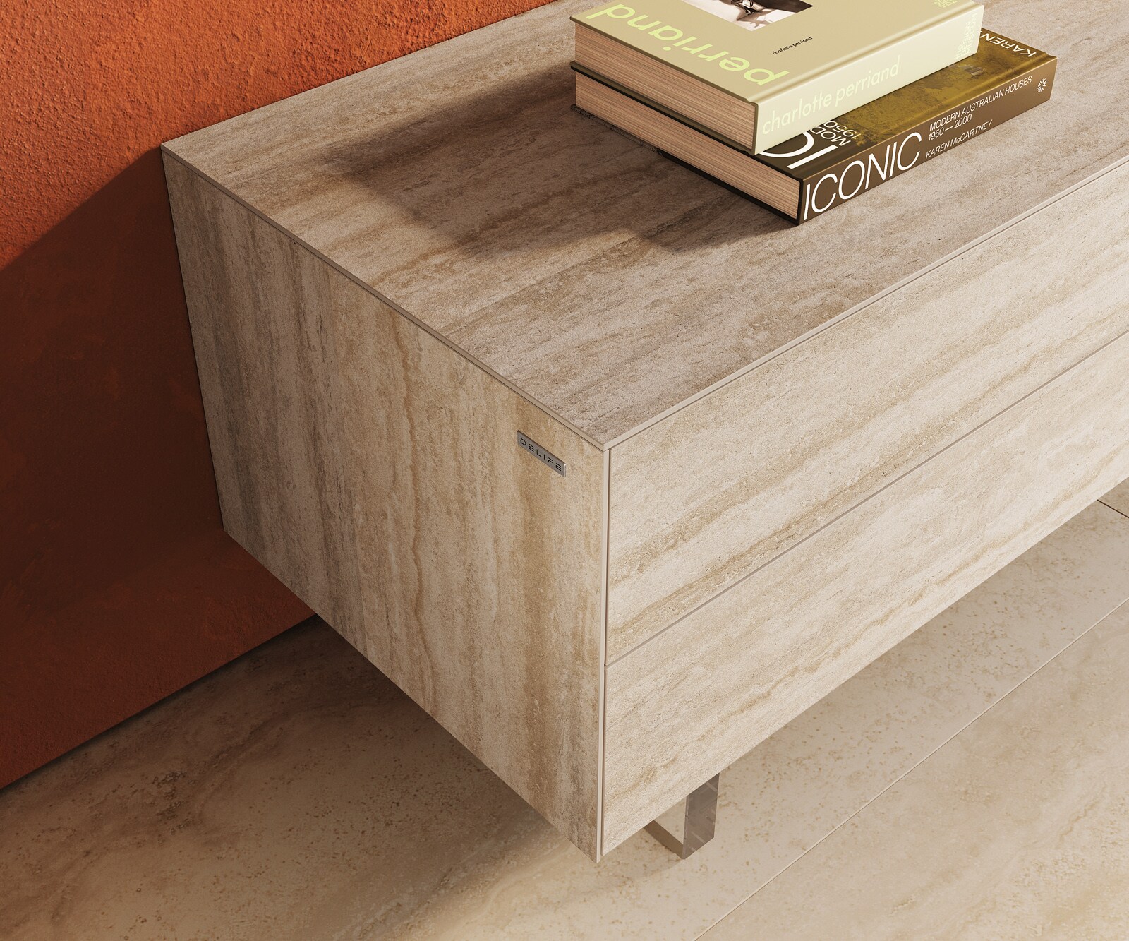 Tv-meubel Cuor 180 cm Keramiek Laminam® Travertino Bianco Crème-wit 1 Flap 2 Laden Zwevende voet look Acrylglas 6