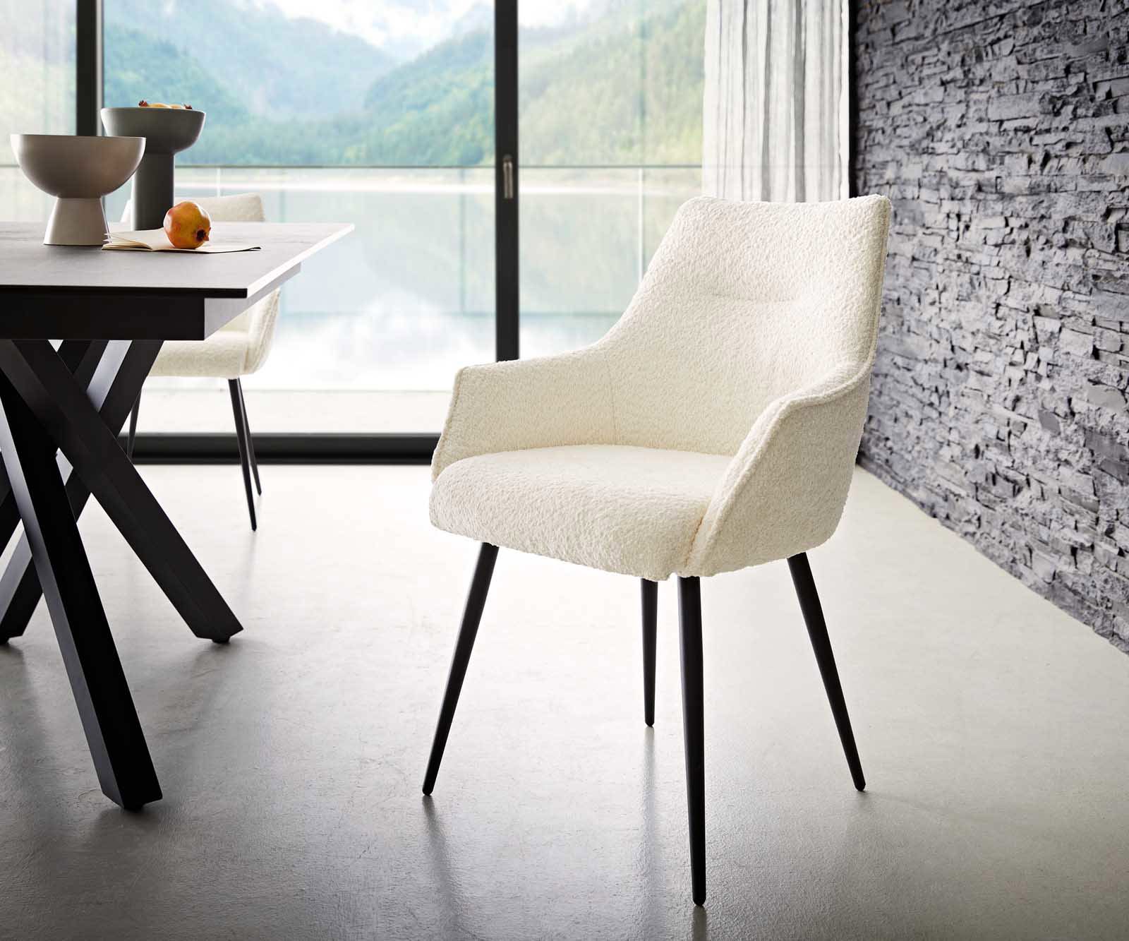 Eetkamerstoel Alja-Flex met armleuning bouclé wit 4-poot conisch zwart pocketveer kern Eetkamerstoel Alja-Flex met armleuning bouclé wit 4-poot conisch zwart pocketveer kern