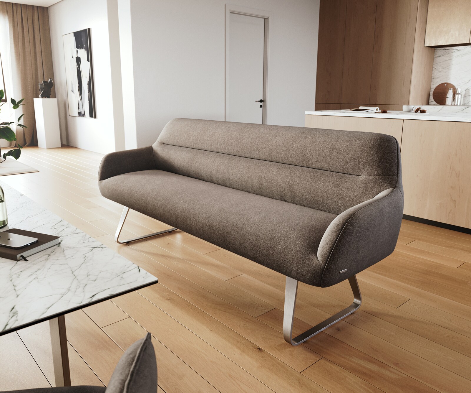 Eetkamerbank Taya-Flex 200 cm zachte stof met structuur taupe platte sledebasis roestvrij staal pocketvering 1