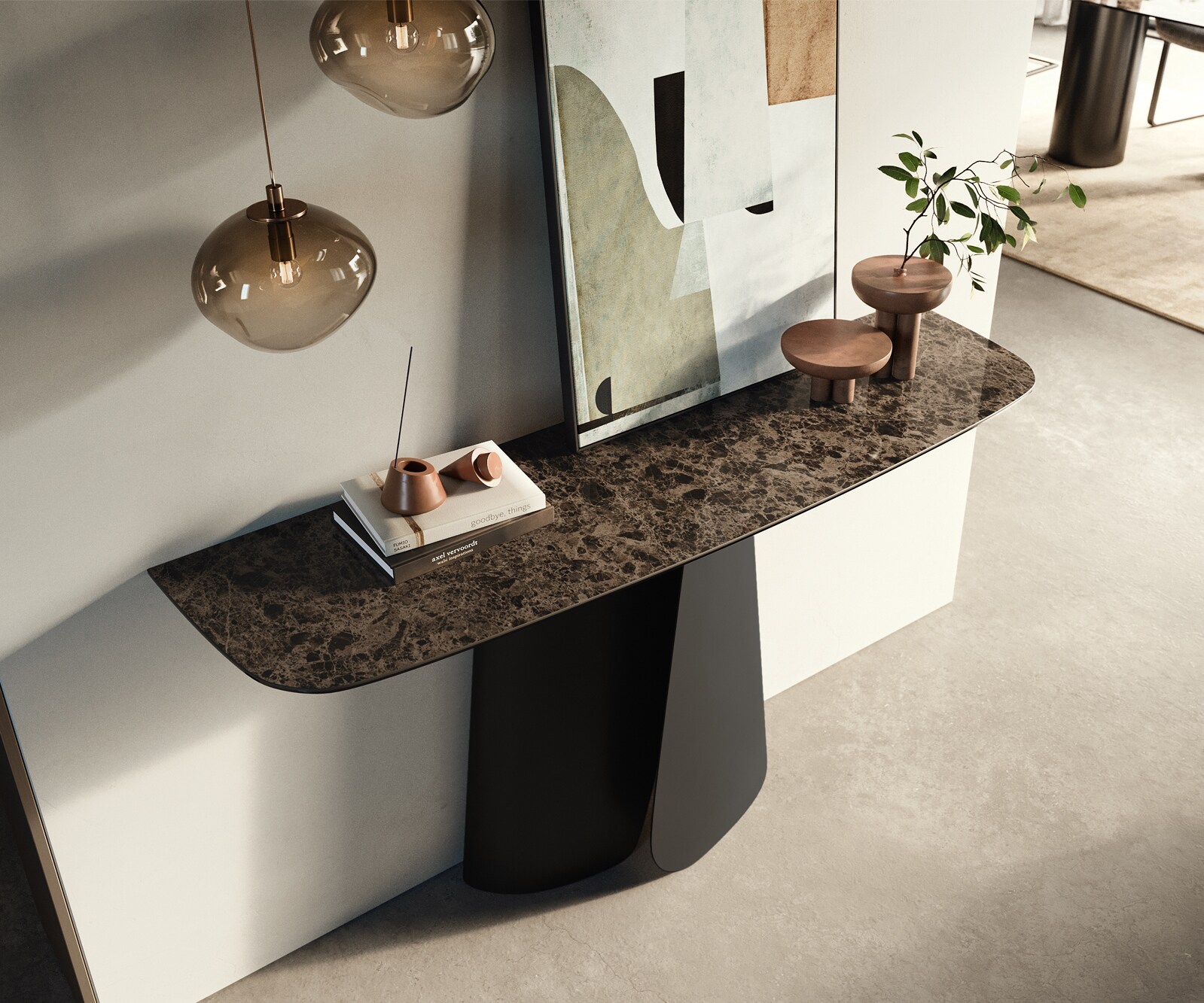 Consoletafel Edge Bootvorm 140x40 cm Keramiek Emperador Extra Lucidato Dunkelbraun Livos Metaal Zwart 1