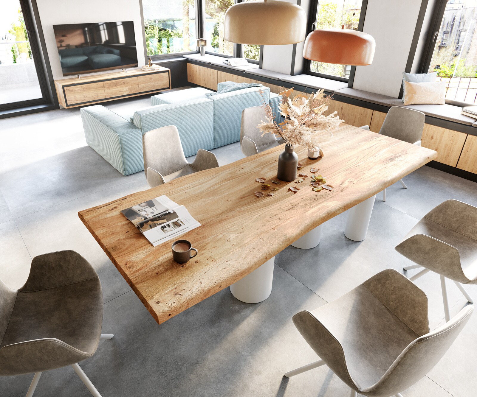 Eetkamertafel Edge 280x100 XL acacia natuurPilier metaal wit Live-Edge 3