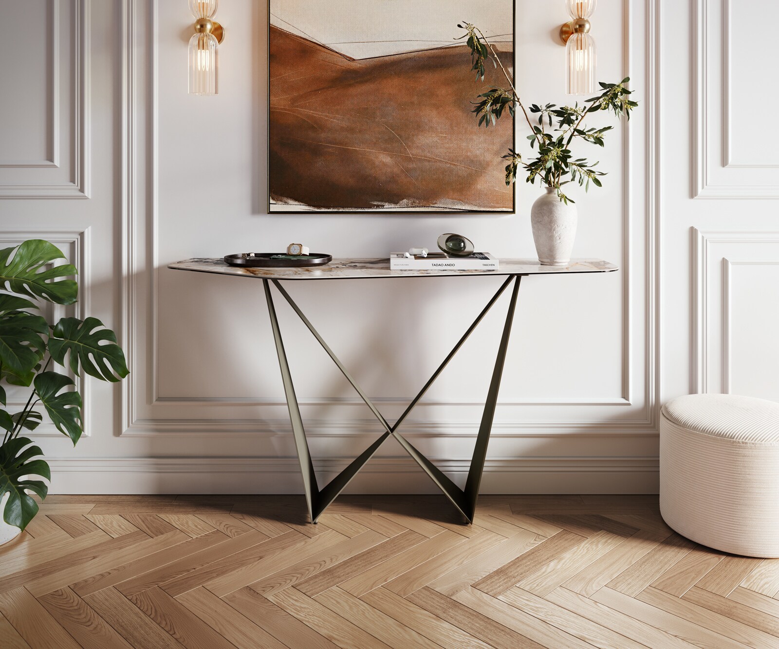 Consoletafel Edge Polygonaal 140x50 cm Keramiek Patagonia Poliert Spios Metaal Effektfinish Titan 4