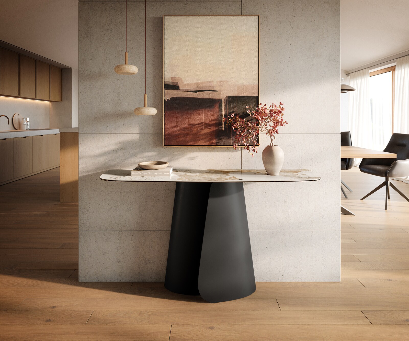 Consoletafel Edge Bootvorm 140x40 cm Keramiek Minas Melange Weiß-Beige Livos Metaal Zwart 4