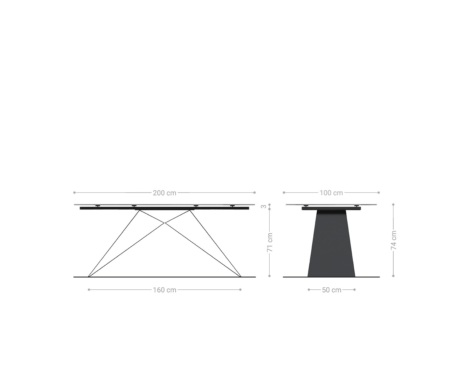 Eettafel Edge 200x100cm Laminam® keramiek grijs V-middenpoot zwart 5
