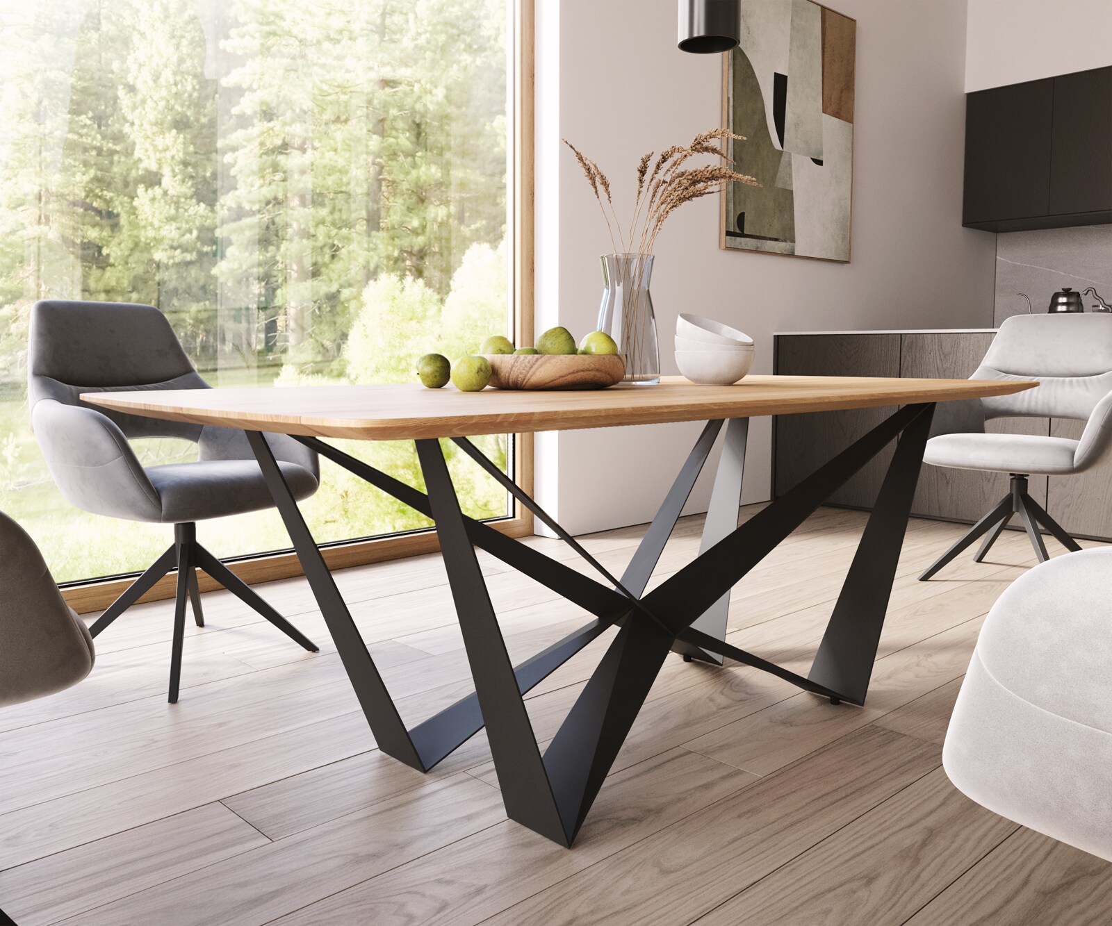 Eettafel Edge Boot 200x100x2,5-3 eiken natuur Spider staal  zwart  Schweizer Kante 4