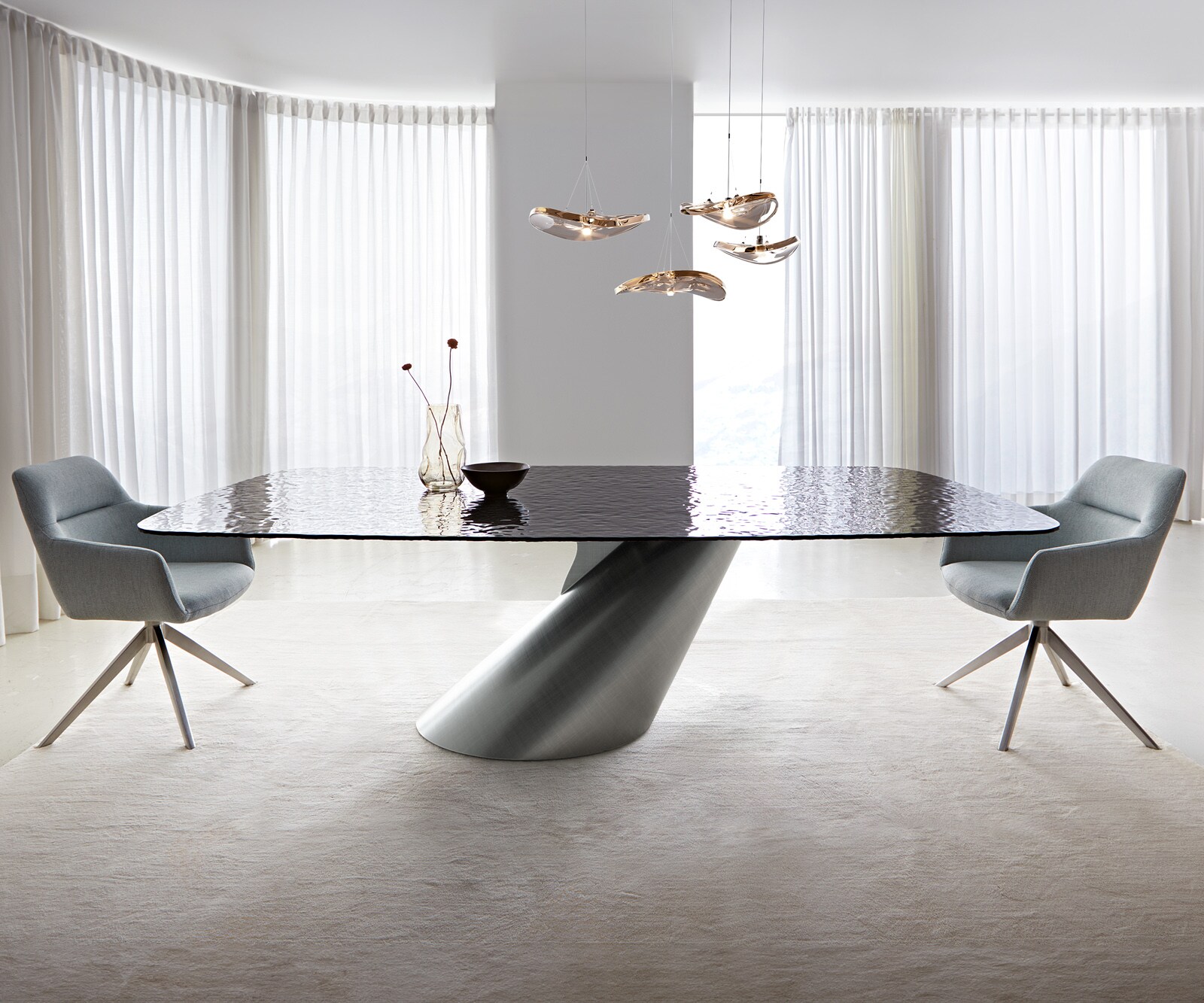 Eettafel Edge Boot 240x120 Reliefglas zwart 3D-Design Cono metaal zilver
