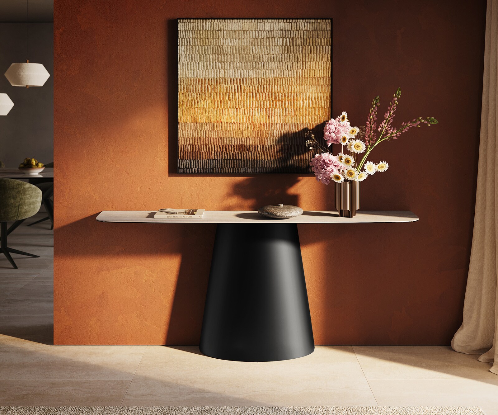 Consoletafel Edge Bootvorm 180x40 cm Keramiek Laminam® Travertino Bianco Creme-Weiß Conos Metaal Zwart 2