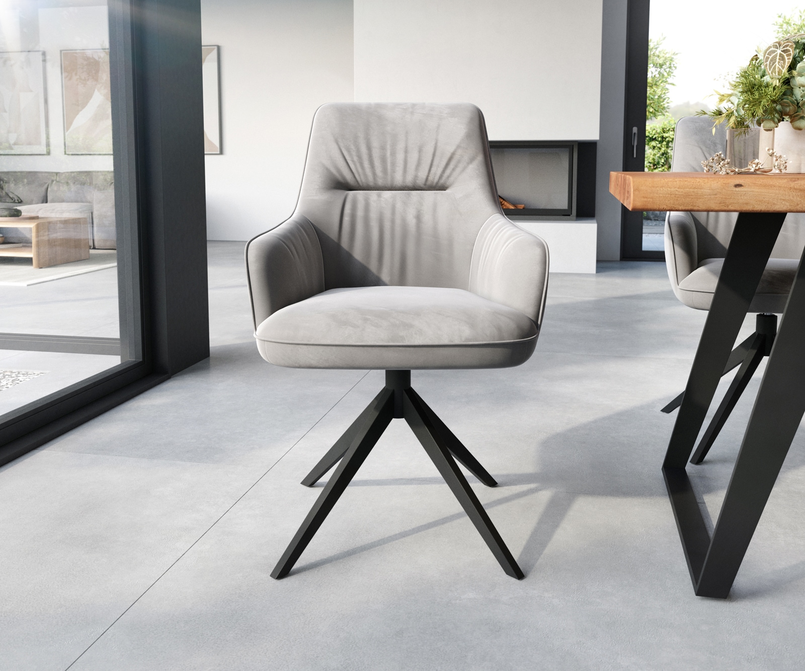 Eetkamerstoel Zelia-Flex met armleuning fluweel grijs kruisframe breed zwart pocketveer kern 1 Eetkamerstoel Zelia-Flex met armleuning fluweel grijs kruisframe breed zwart pocketveer kern 1