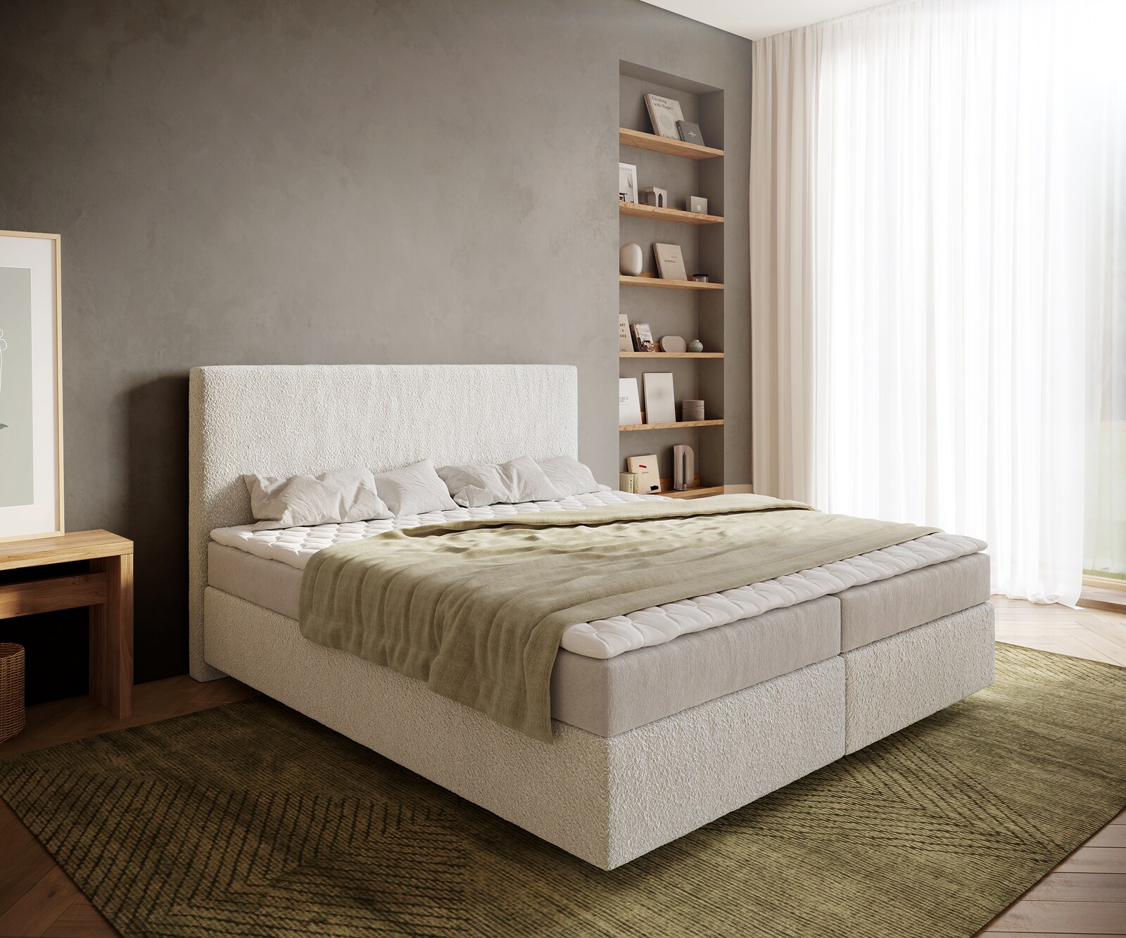Boxspringbed Dream-Well 180x200 cm Bouclé Crème-Wit met Matras en Topper