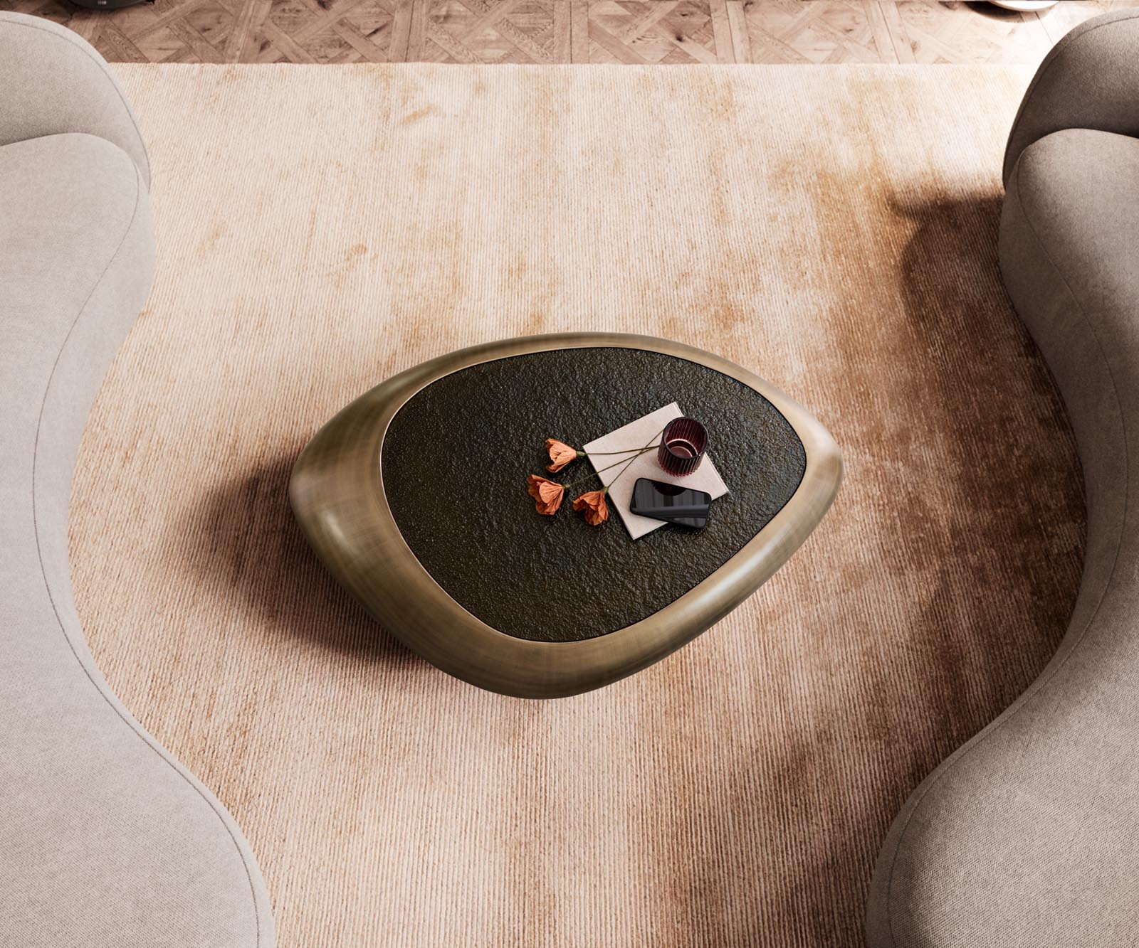 Salontafel Sagana 120x80 cm goud-metallic met reliëfglas taupe 3 Salontafel Sagana 120x80 cm goud-metallic met reliëfglas taupe 3