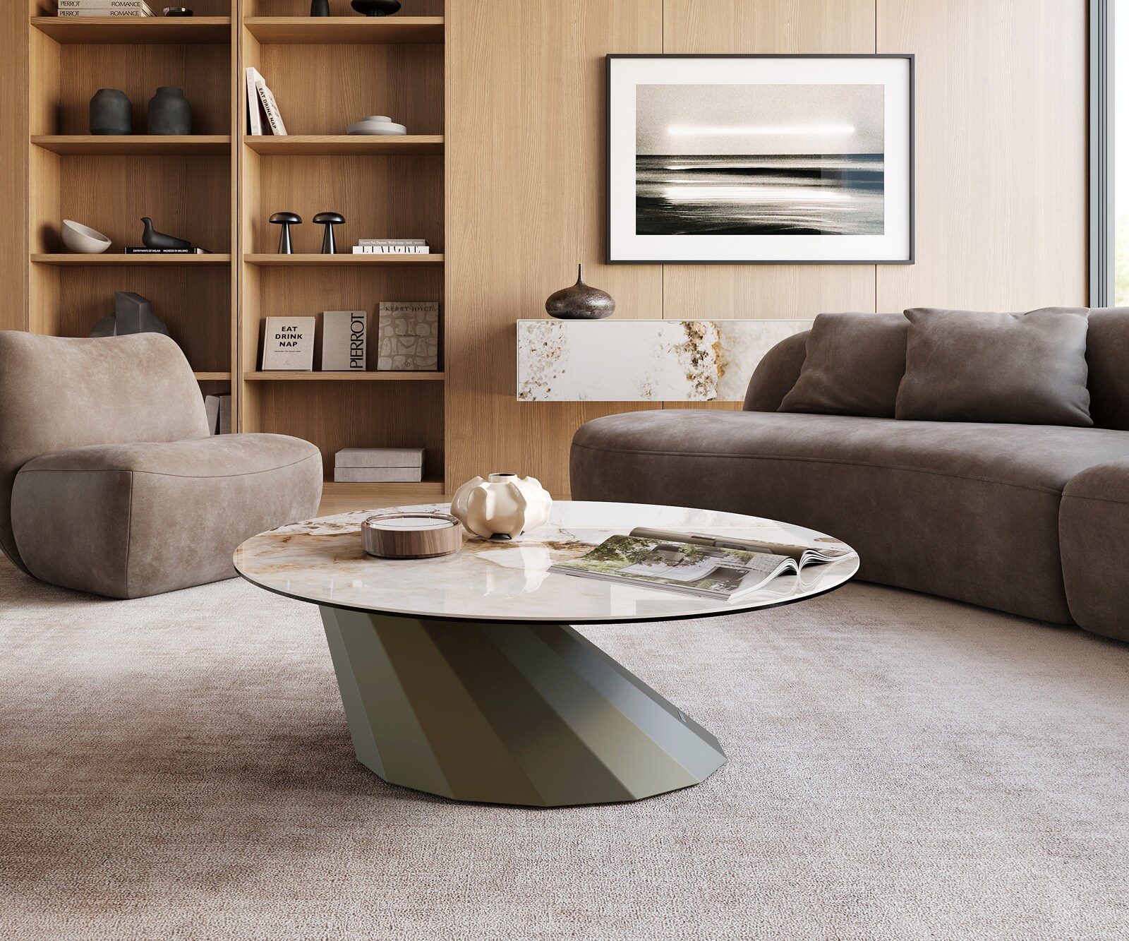 Salontafel Edge rond 100x100 cm keramiek Minas Melange Parabi Metall effectafwerking titaan 2