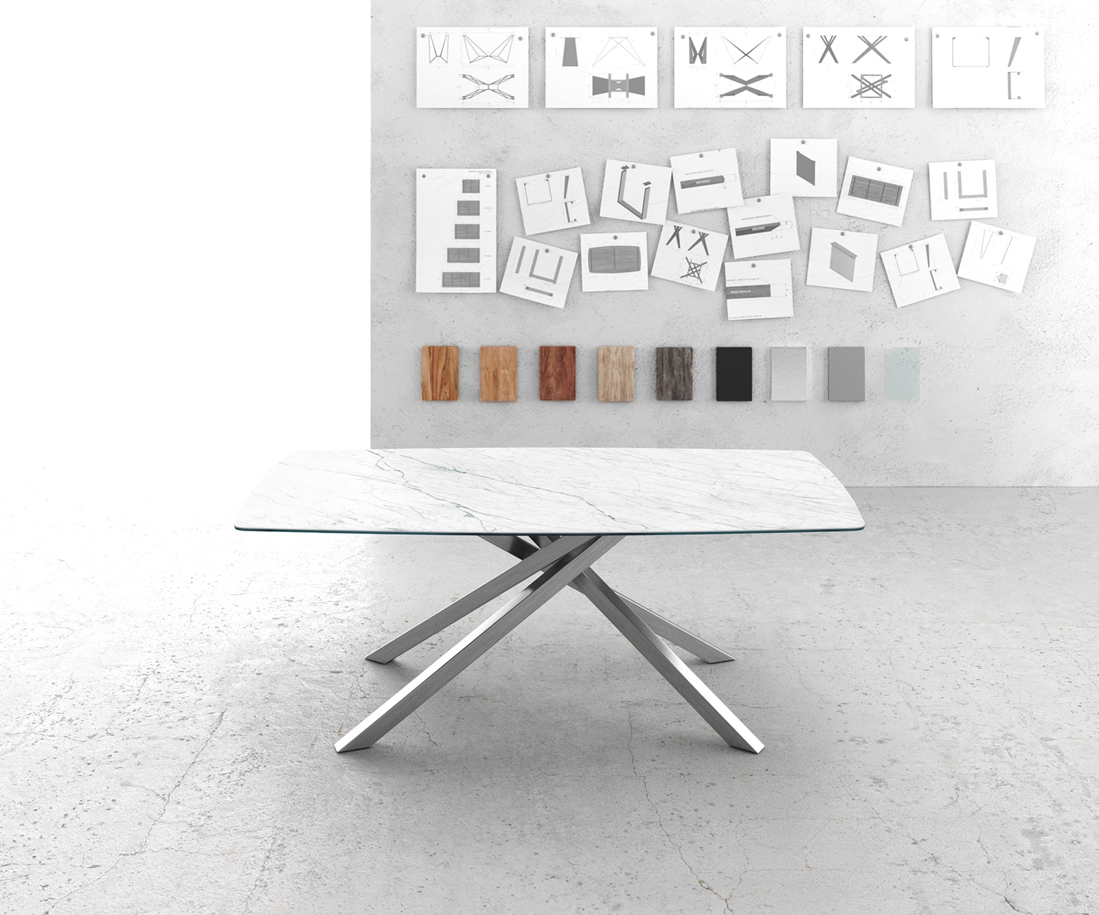 Eettafel Edge Bootsform 200x100cm Laminam® keramiek wit middenpoot kruis zilver 4 Eettafel Edge Bootsform 200x100cm Laminam® keramiek wit middenpoot kruis zilver 4