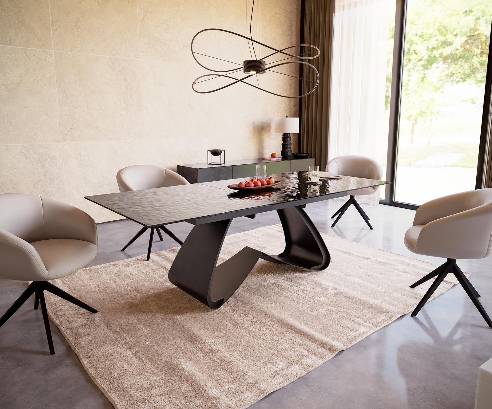 Eetkamertafel Edge 180-220x100 Glas smelten rokerig zwart 3D-Relief W-frame zwart uitschuifbaar 5 Eetkamertafel Edge 180-220x100 Glas smelten rokerig zwart 3D-Relief W-frame zwart uitschuifbaar 5