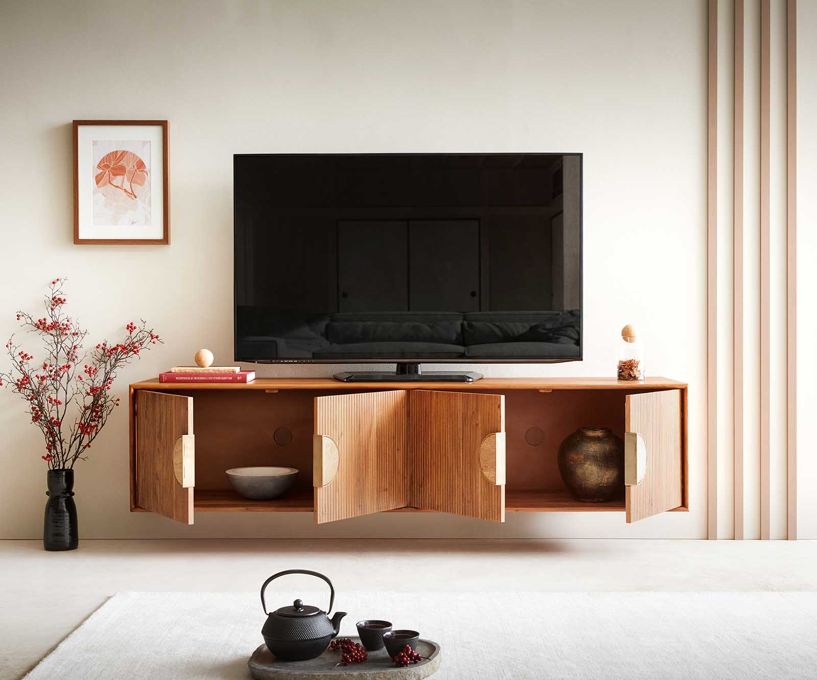 Tv-meubel Surimu 175 cm acacia lichtbruin 4 deurs kurkgreep zwevend 3