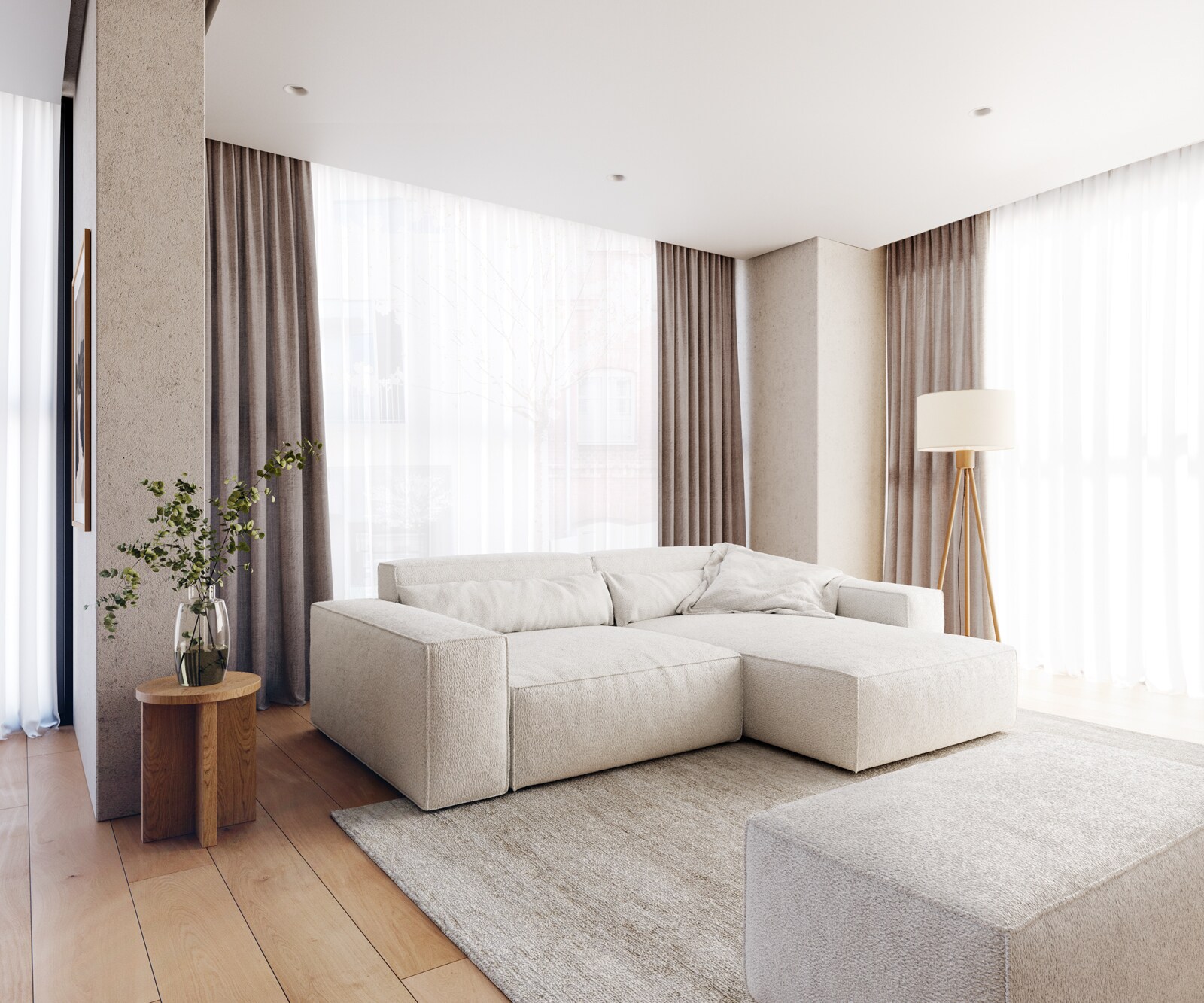 Hoekbank Sirpio XL 270x170 cm bouclee cream-white recamiere variabel met kruk 1