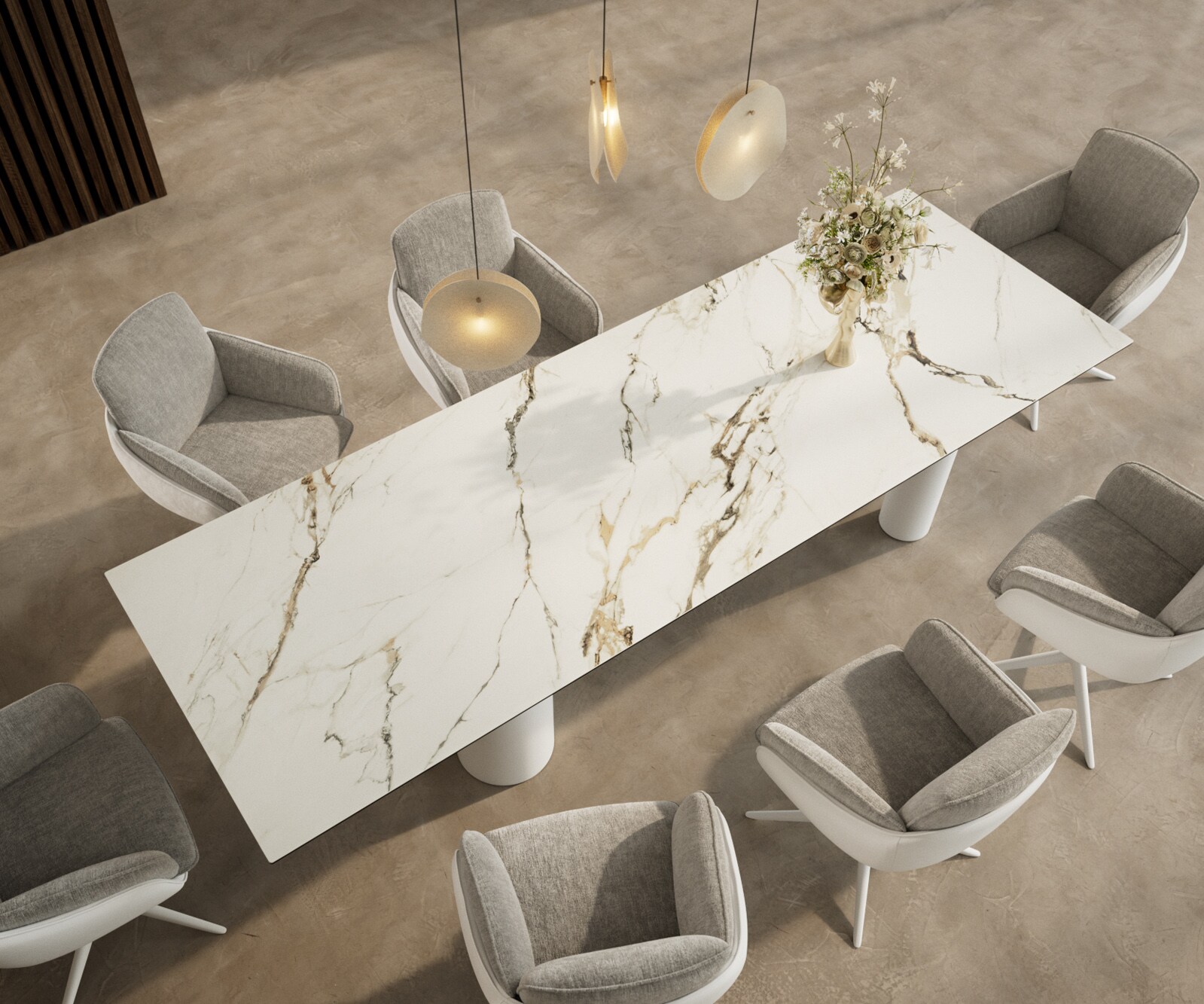 Eetkamertafel Edge 300x100 keramiek Calacatta Luxe wit-Gold-grijs Pilier metaal wit 3