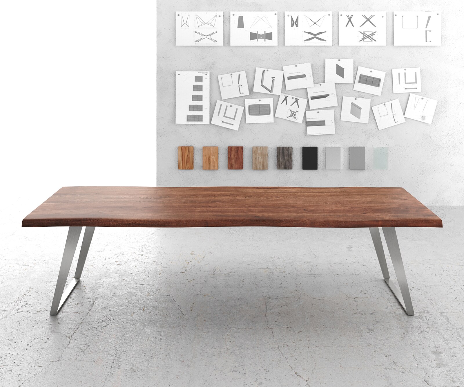 Eettafel Edge 300x100cm XL acacia bruin roestvrijstaal zilver schuin Live-Edge 2
