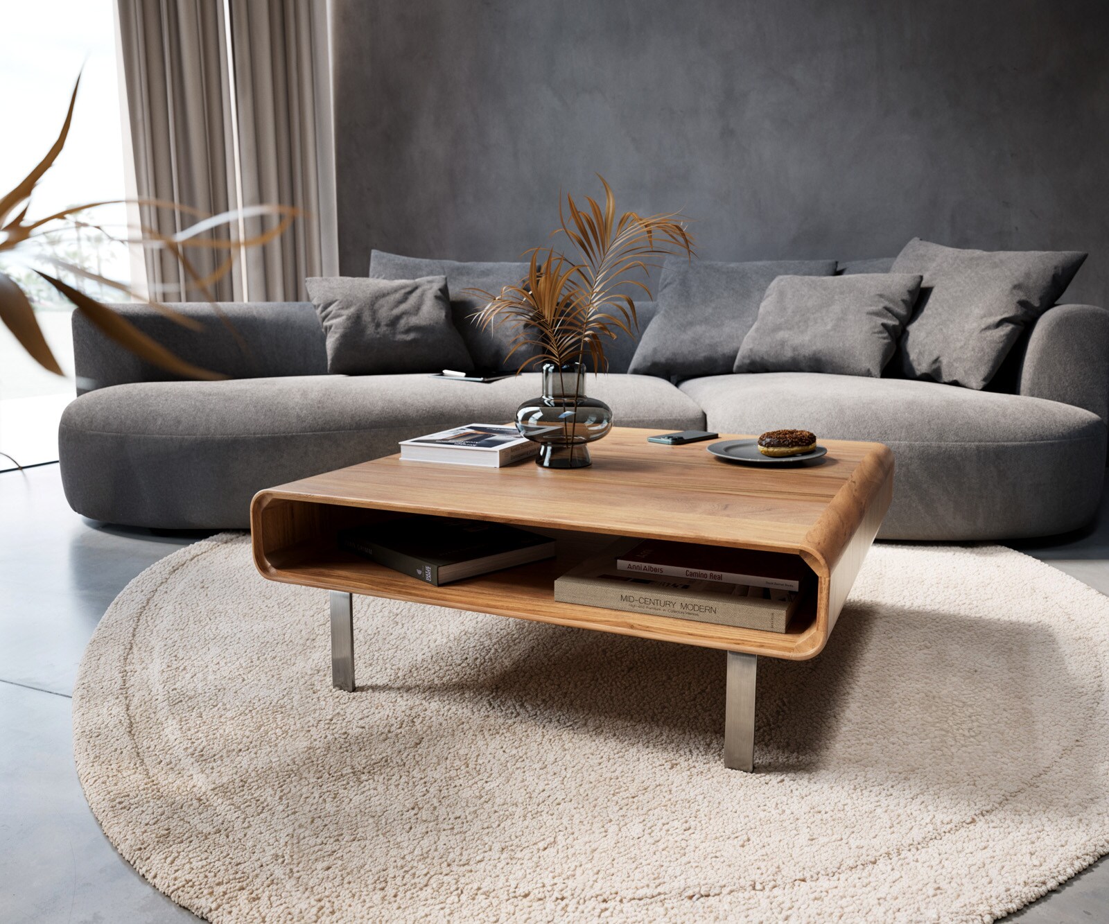 Salontafel Anaya 90x90 cm natuur acacia 1 lade L-poot roestvrij staal 4