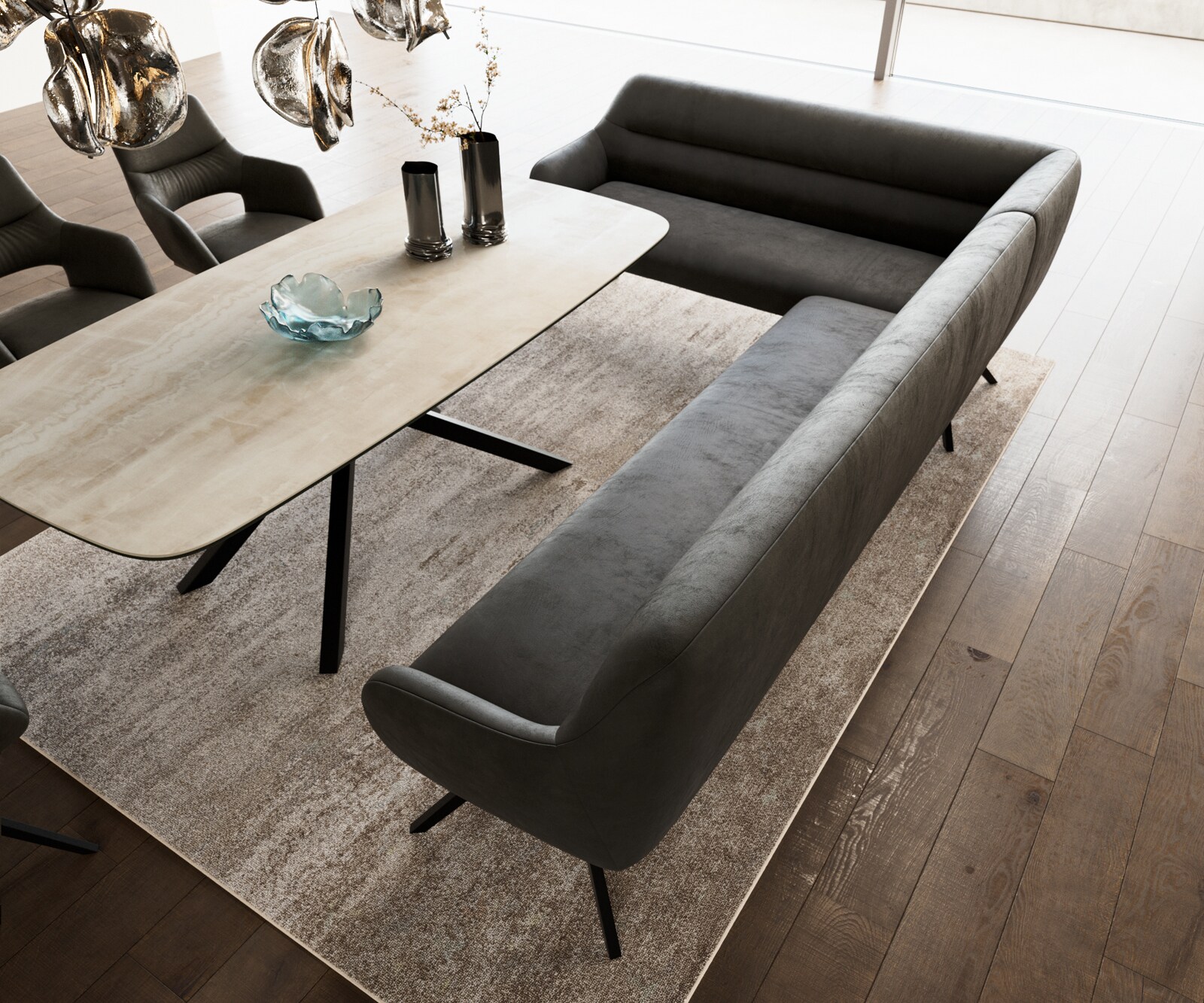 Eetkamerbank Taya-Flex 285x190 cm microvelours anthraciet vintage hoekig kruisframe zwart pocketvering rechts 4