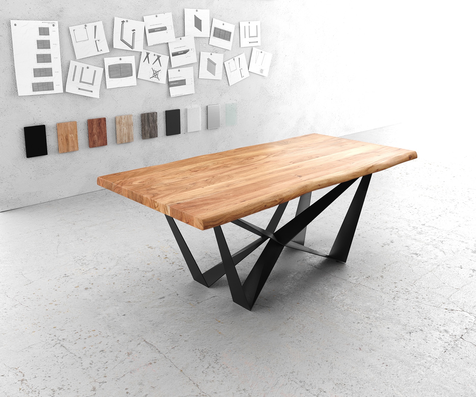 Eettafel Edge 200x100 XL acacia natuur Spider vlakstaal zwart Live-Edge 1