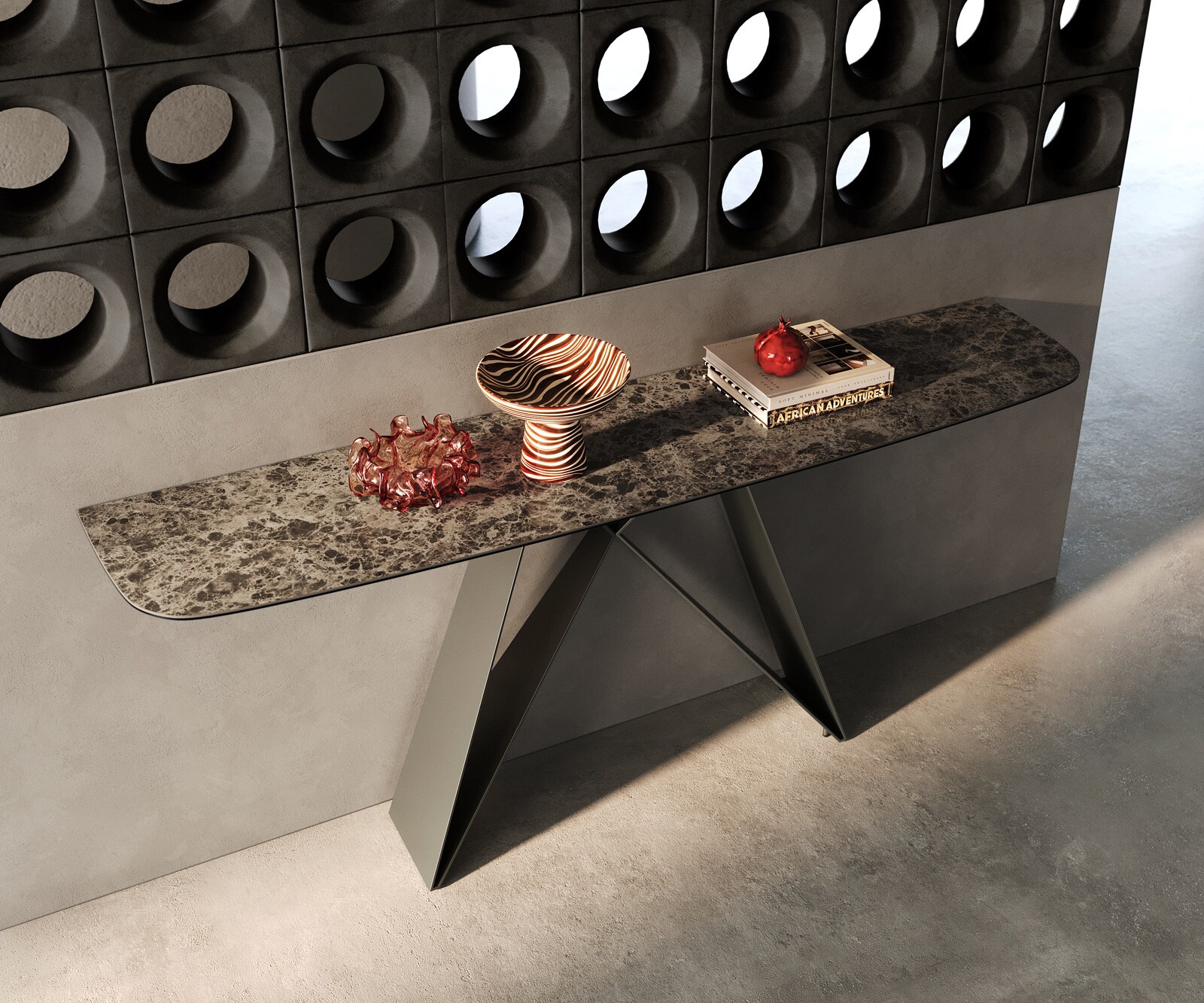 Consoletafel Edge Bootvorm 180x40 cm Keramiek Emperador Extra Lucidato Dunkelbraun Velio Metaal Effektfinish Titan 2