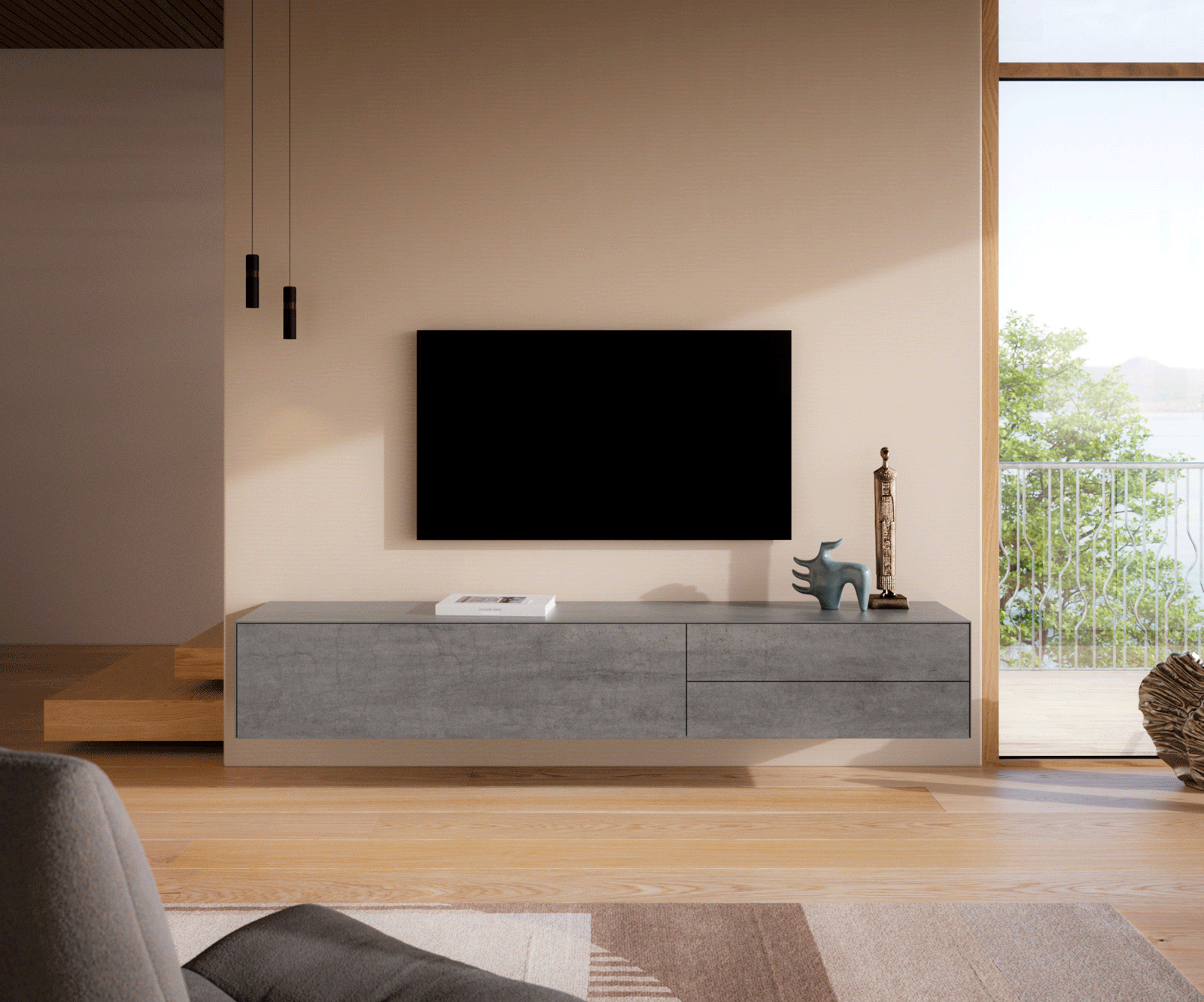Tv-meubel Cuor 220 cm Keramiek Beton Grijs 1 Flap 2 Laden Zwevend 2