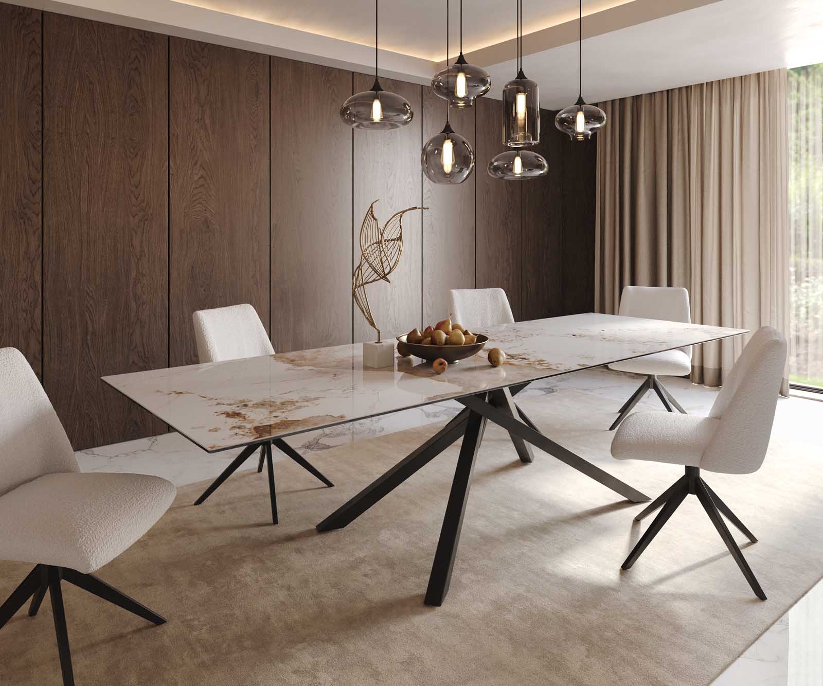 Eetkamertafel Edge 300x100 keramiek Minas Melange wit-beige kruisframe rechthoek zwart