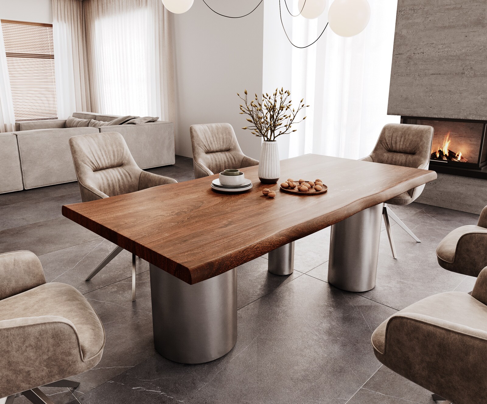 Eettafel Edge 200x100 XL acacia bruin Troa RVS geborsteld Live-Edge