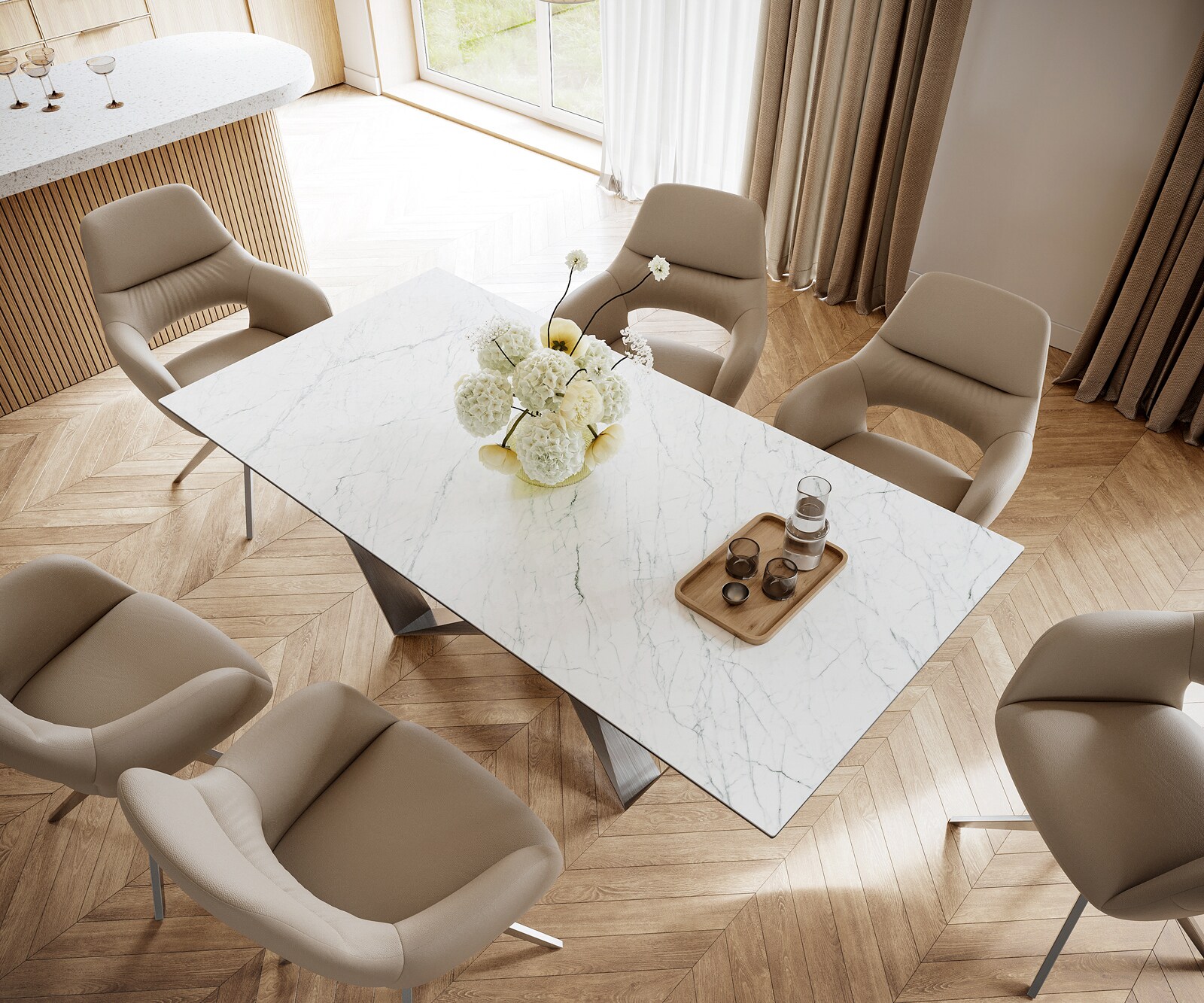 Eettafel Edge 200x100cm Laminam® keramiek wit middenpoot vlak staal zilver 3