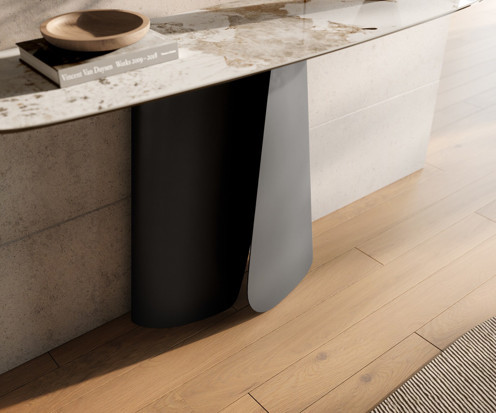 Consoletafel Edge Bootvorm 140x40 cm Keramiek Minas Melange Weiß-Beige Livos Metaal Zwart 6