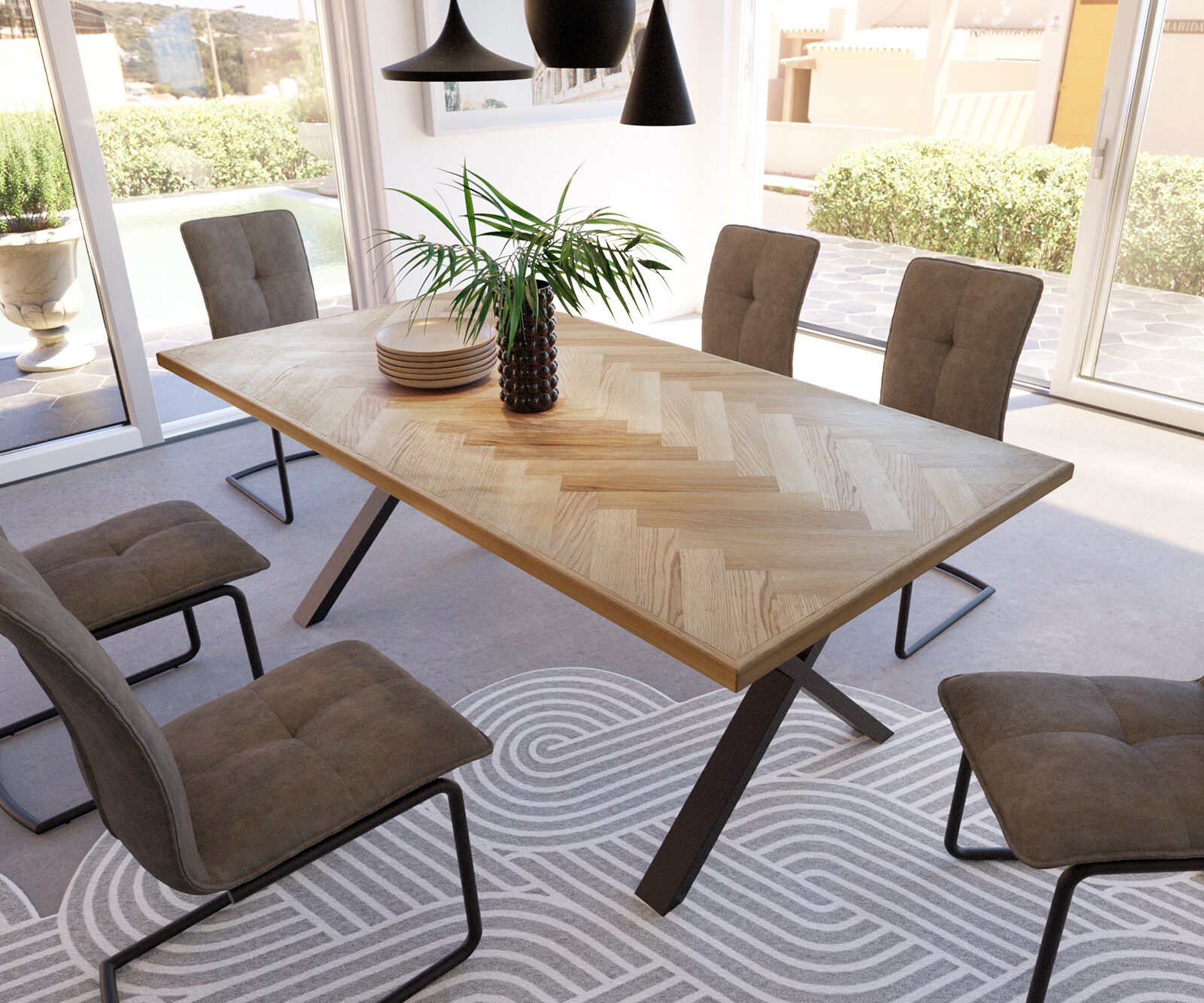 Eettafel Edge-Pure 200x100 eiken natuur x-frame metaal zwart fishbone  4