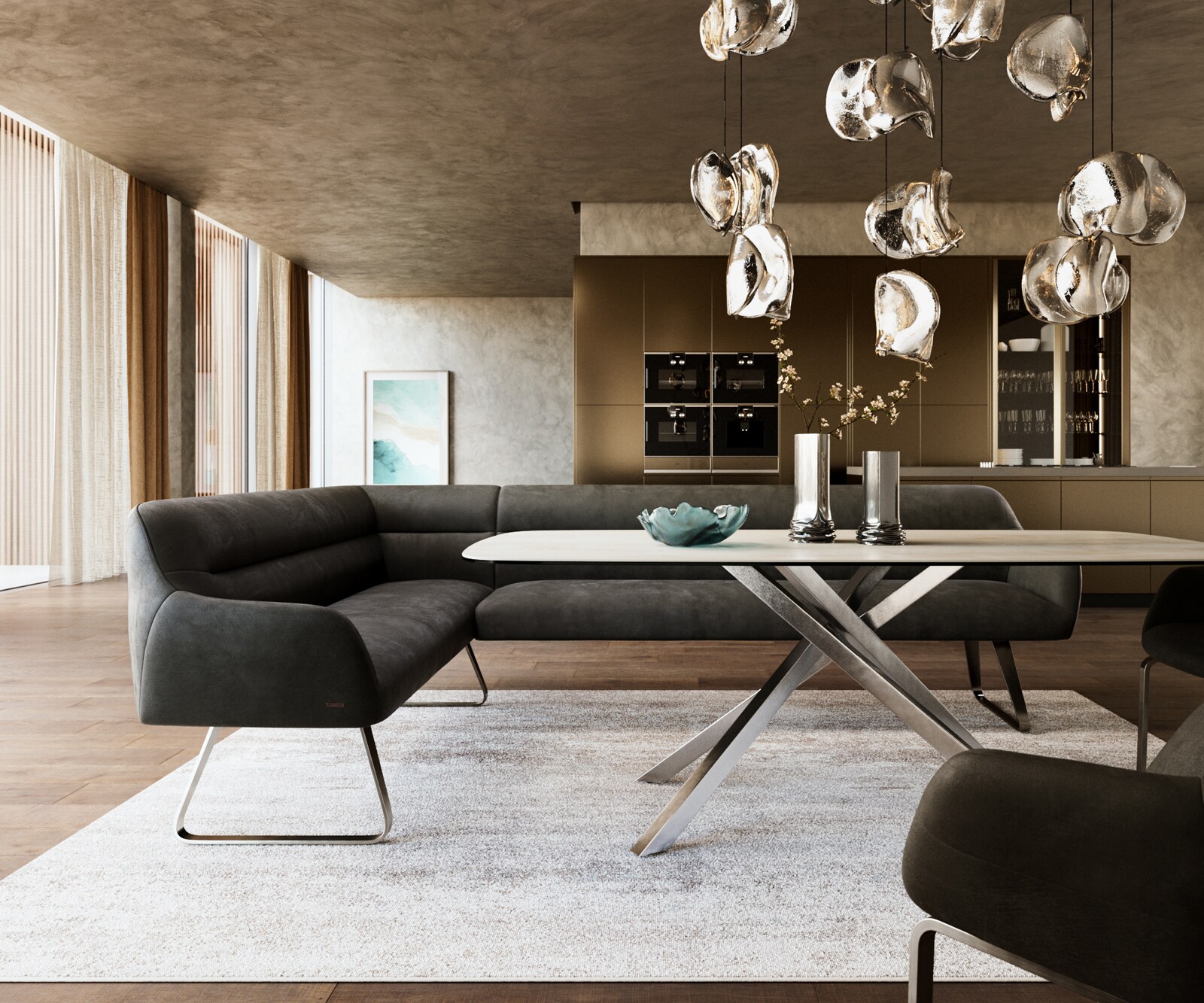 Eetkamerbank Taya-Flex 285x190 cm microvelours anthraciet vintage platte sledebasis roestvrij staal pocketvering rechts 2