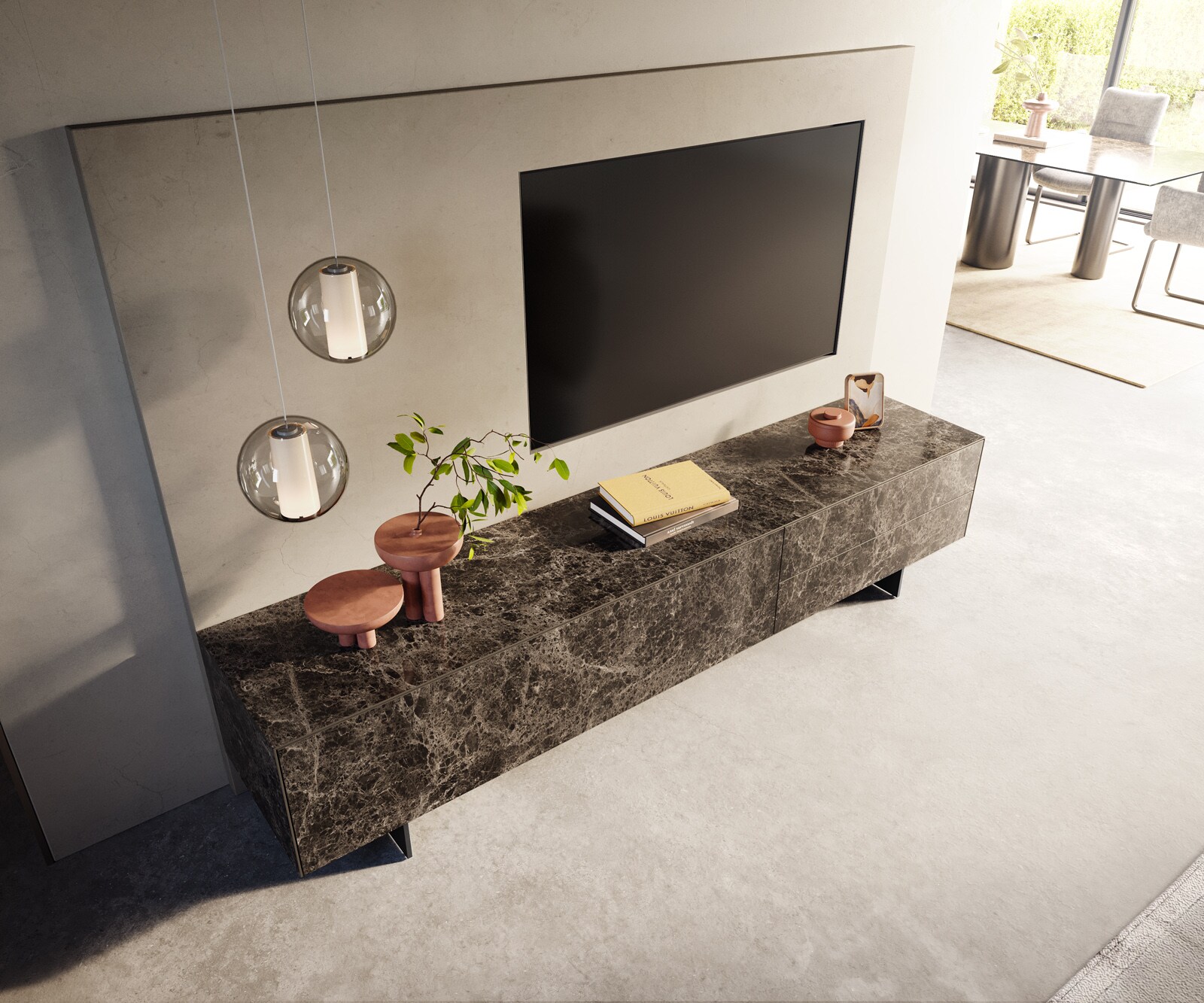 Tv-meubel Cuor 220 cm Keramiek Emperador Extra Lucidato Donkerbruin 1 Flap 2 Laden Zwevende voet look Metaal Zwart 4
