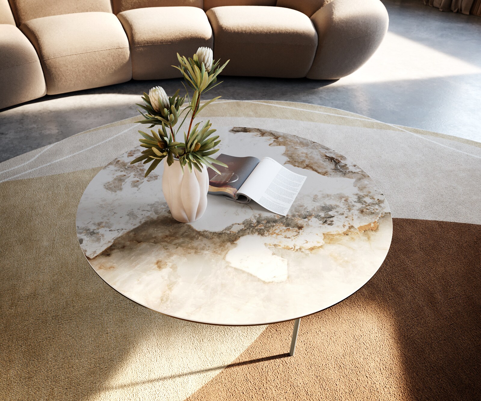 Salontafel Edge rond 90x90 cm keramiek Minas Melange Trive Metall effectafwerking titaan 2