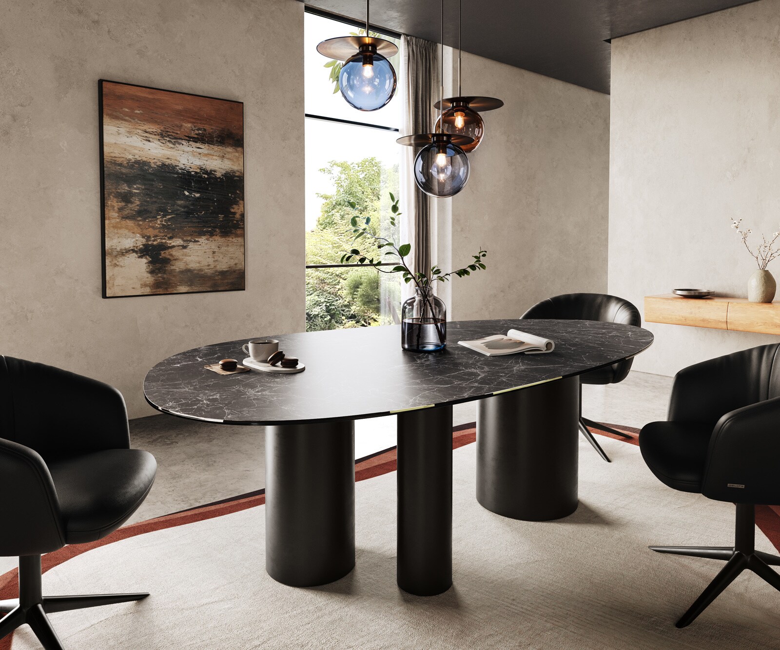 Eettafel Edge Oval 220x120 keramiek  Laminam® Nero Greco Anthrazit Troa metaal zwart