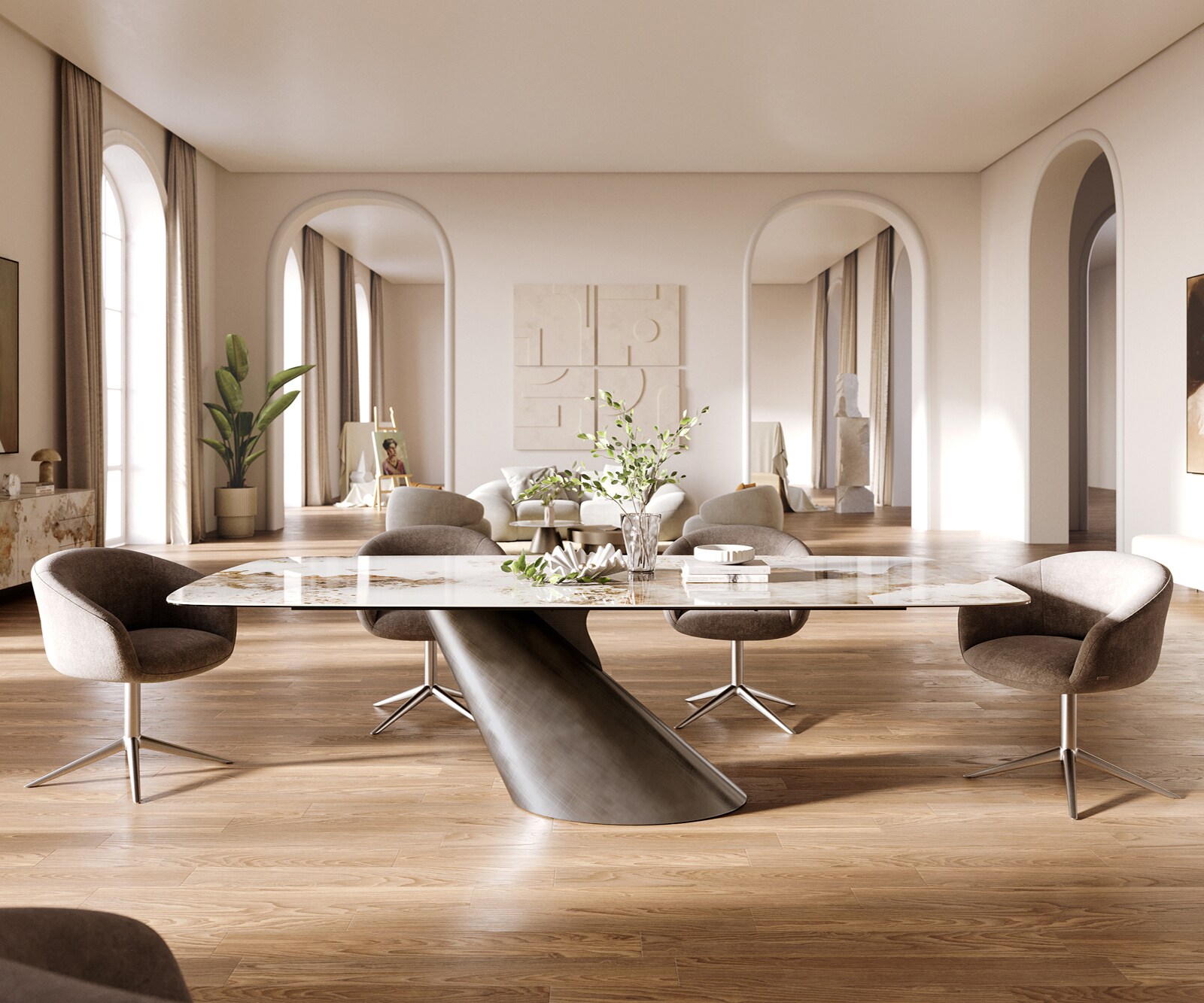 Eettafel Edge Boot 260x120 cm Keramiek Minas Melange Wit-Beige Cono Metaalic Zilver 1