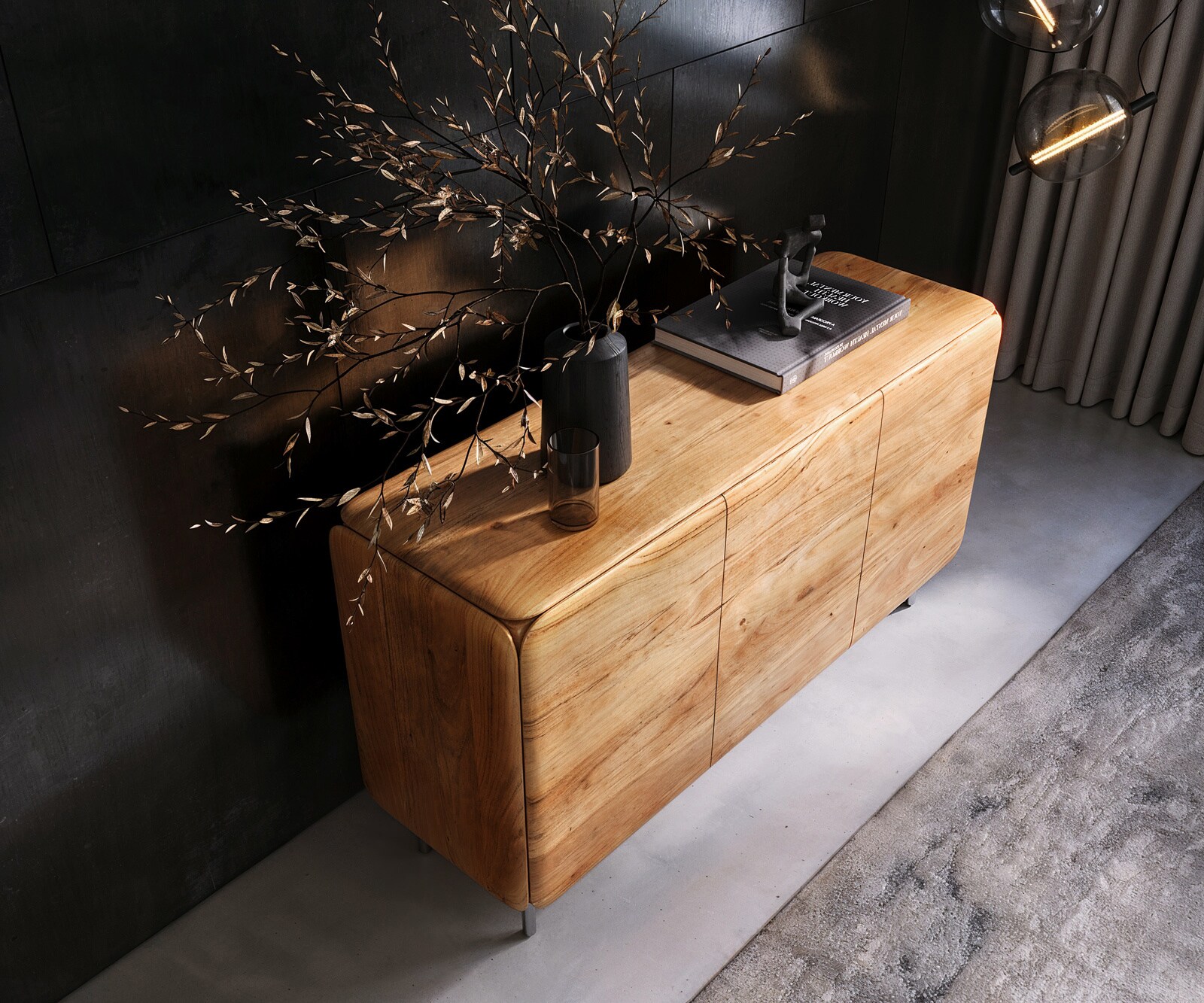 Commode Shavani acacia natuur 145 cm 2 deuren 3 lades rond onderstel RVS  zilver 3 Commode Shavani acacia natuur 145 cm 2 deuren 3 lades rond onderstel RVS  zilver 3