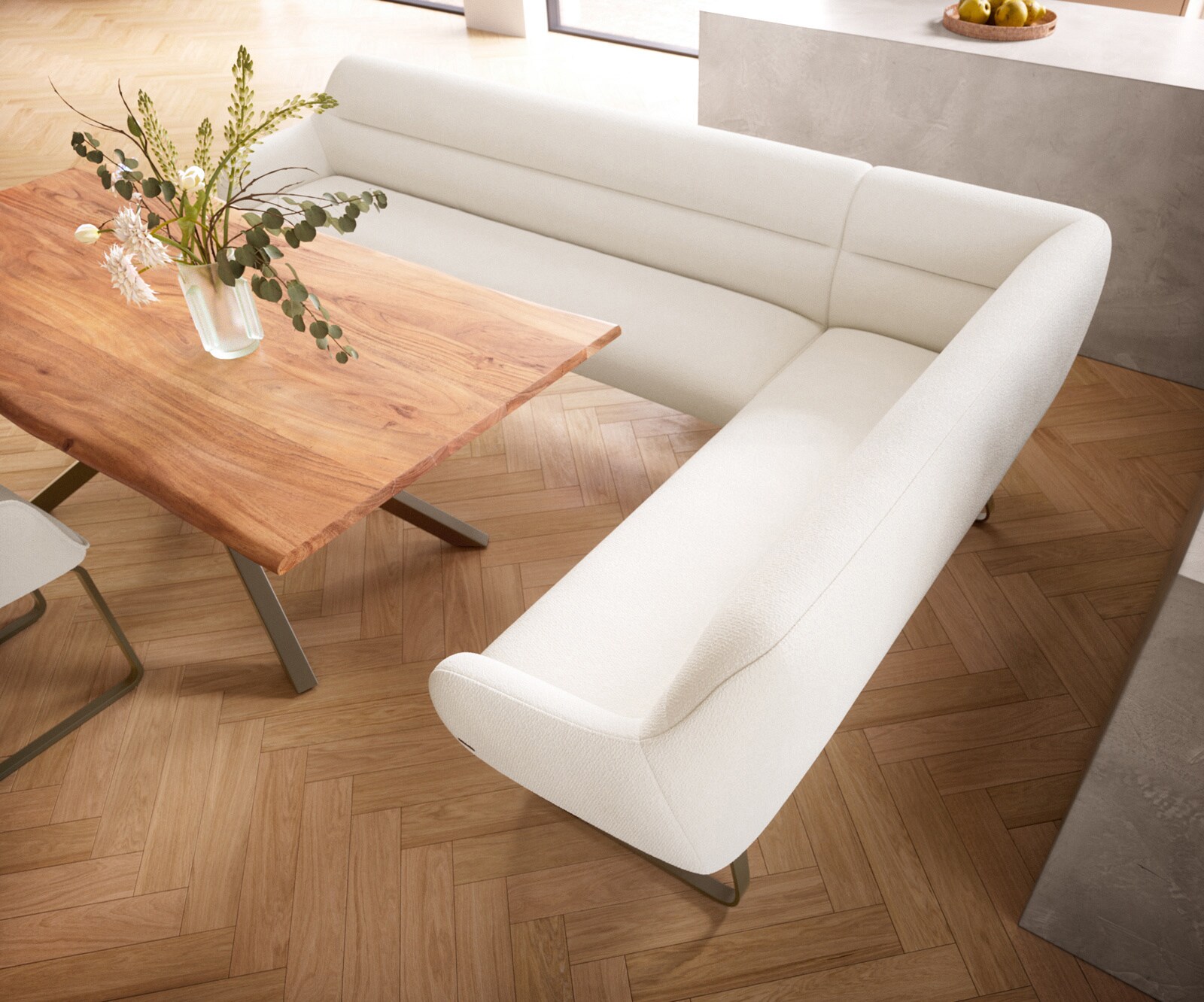 Eetkamerbank Taya-Flex 285x190 cm bouclé crème-wit platte sledebasis afwerking met titaniumeffect pocketvering links 4