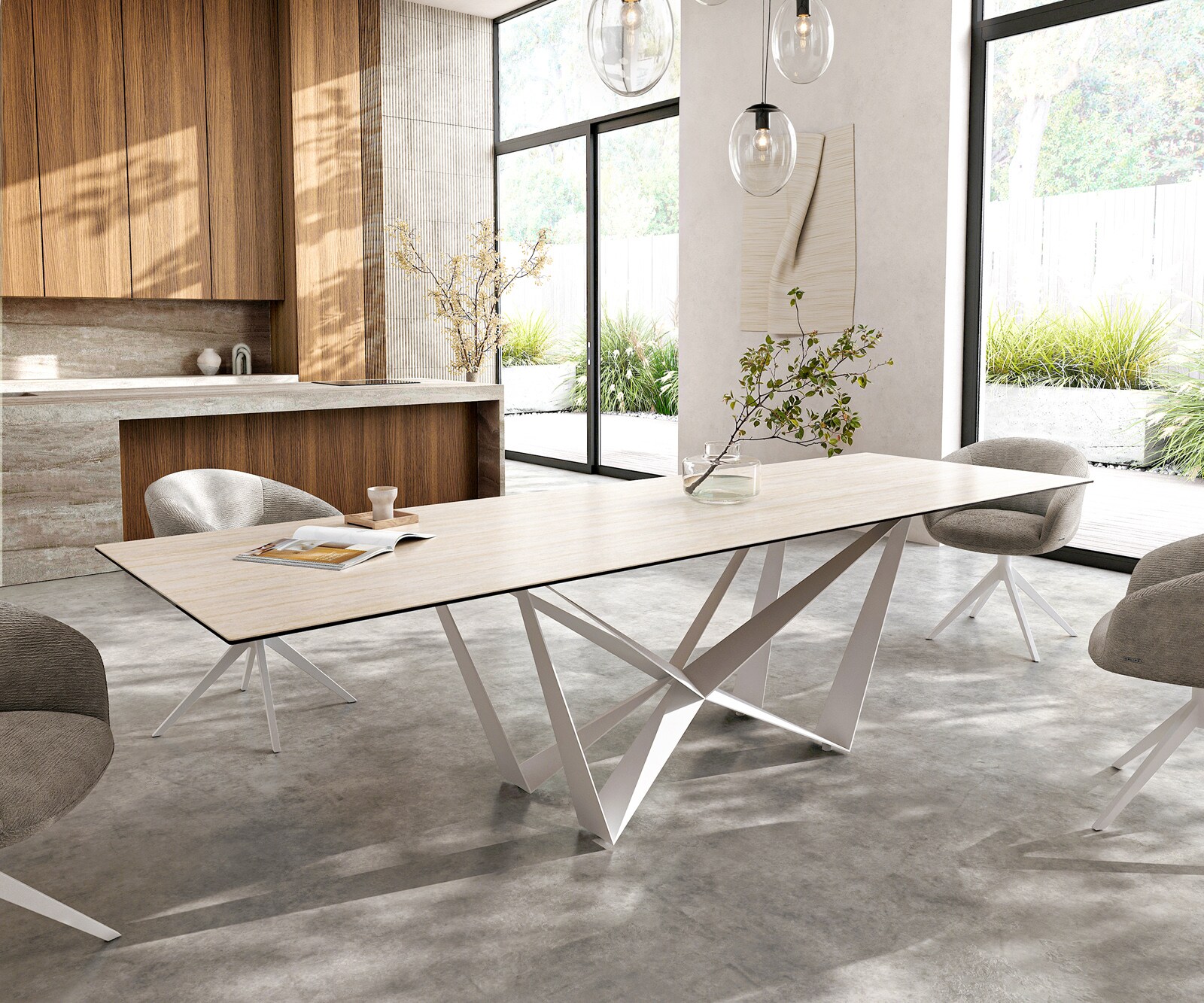 Eettafel Edge 300x100 keramiek  Laminam® Travertino Bianco Creme-wit Spider metaal wit 8