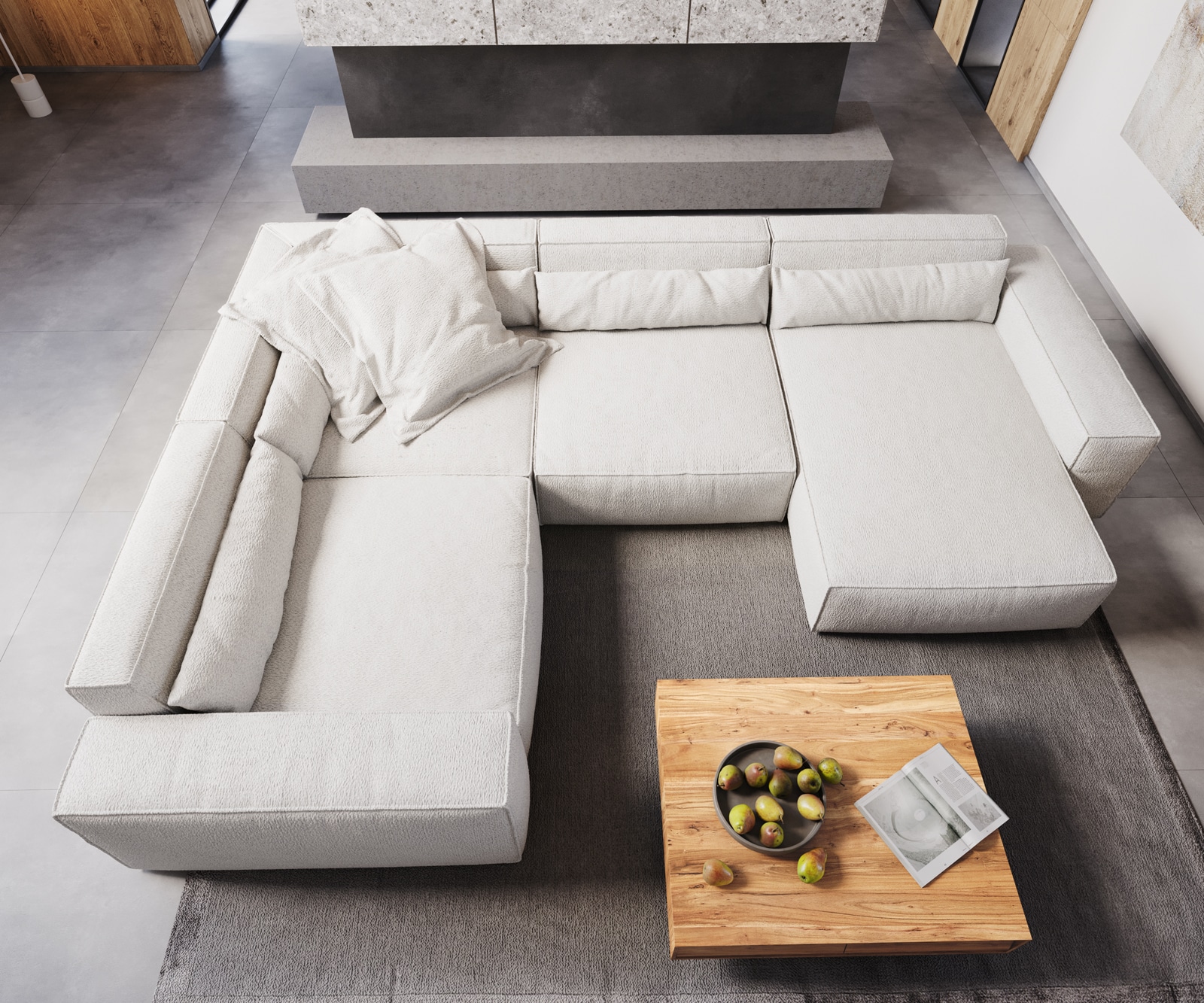 Woonkamer landschap Sirpio XL 360x260 cm bouclee crème-wit recamiere variabele 4 Woonkamer landschap Sirpio XL 360x260 cm bouclee crème-wit recamiere variabele 4