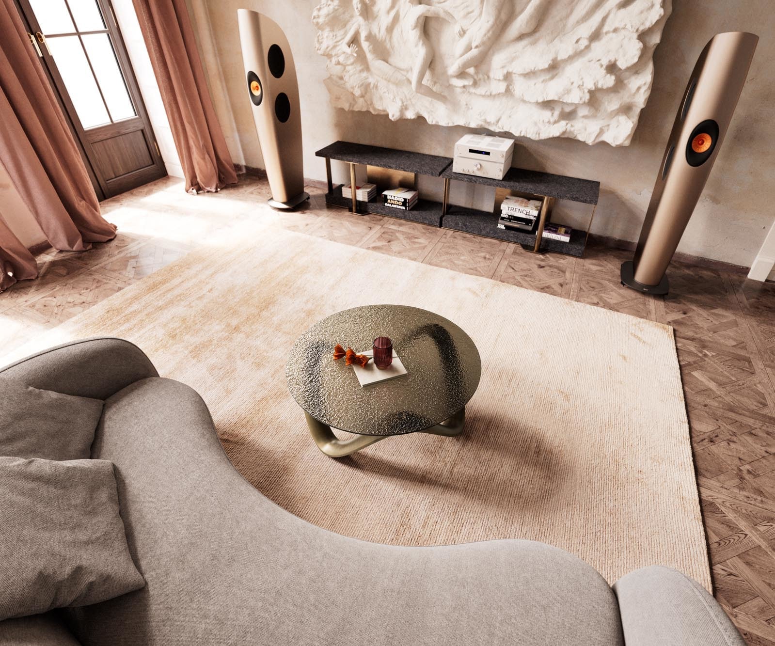 Salontafel Tanju 90x90 cm goud metallic met reliëfglas taupe 5