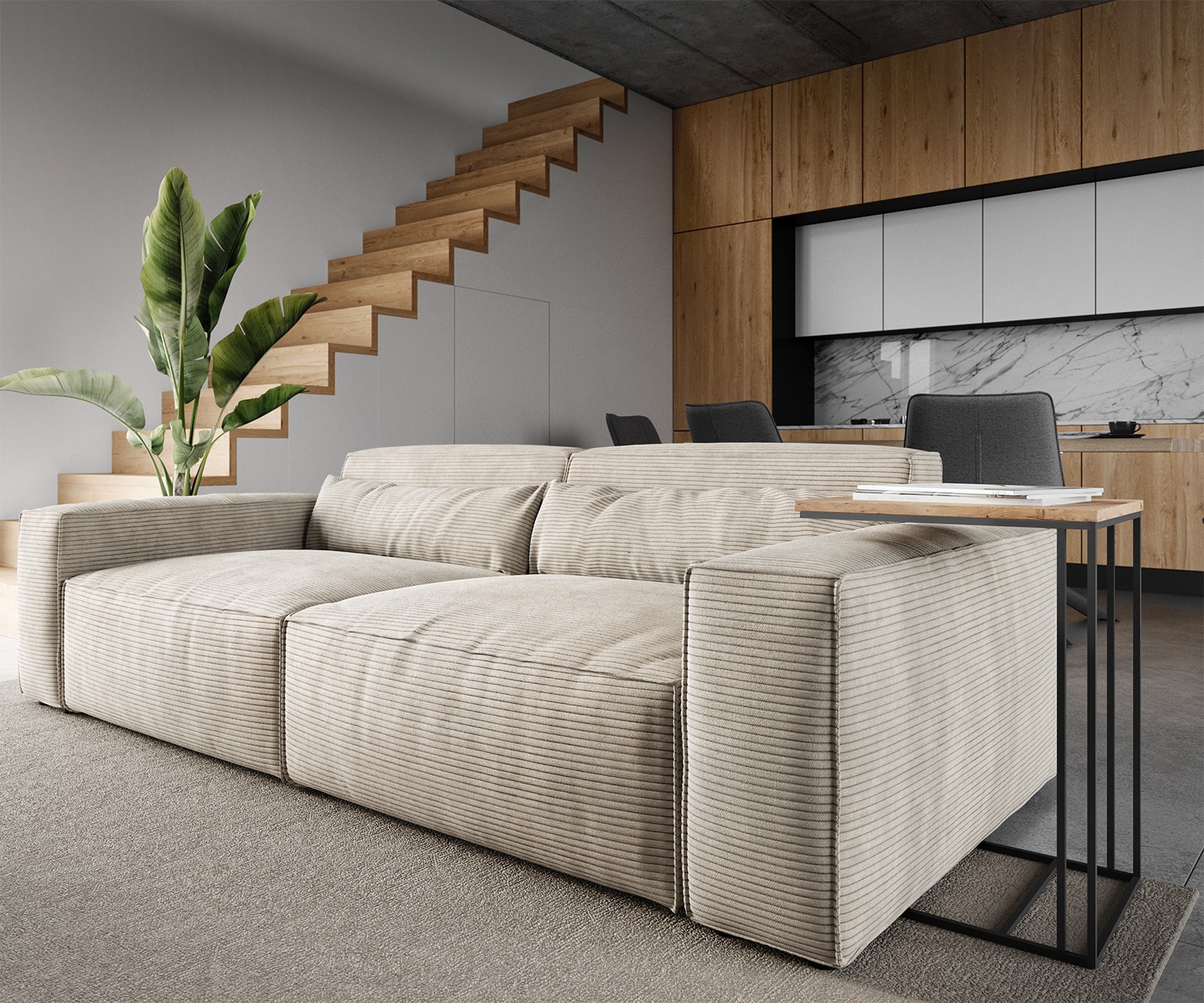 Grote bank Sirpio 230x90 cm koorduroy beige met kruk 4